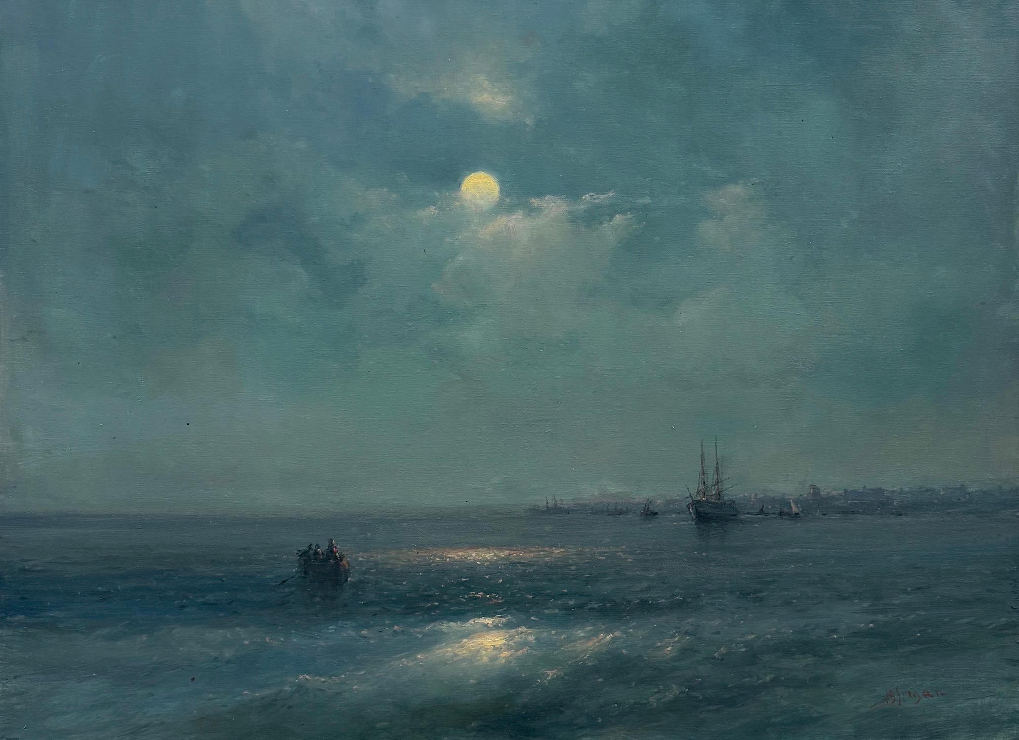 Karen Darbinyan Landscape Painting - Moonlight, Seascape Original Oil Painting on Linen, Coastal, Ready to Hang