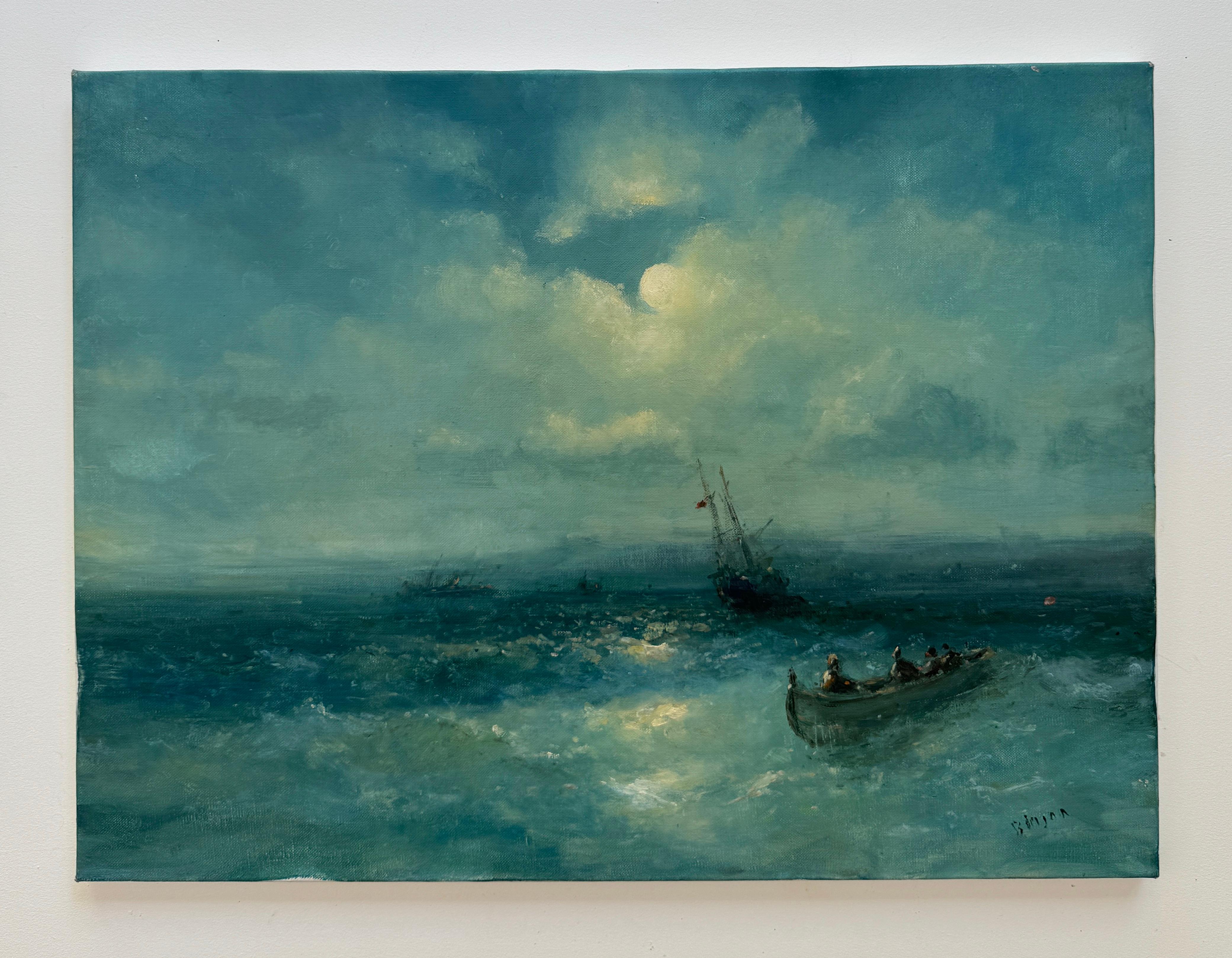 Mondlicht Seelandschaft Original Ölgemälde auf Leinen,  Bereit zum Aufhängen – Painting von Karen Darbinyan