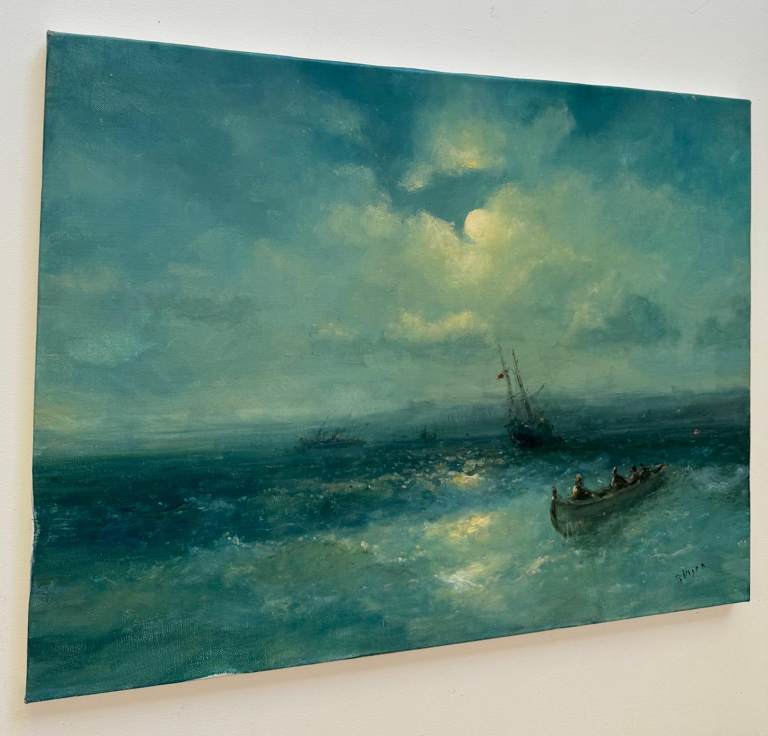 Mondlicht Seelandschaft Original Ölgemälde auf Leinen,  Bereit zum Aufhängen (Impressionismus), Painting, von Karen Darbinyan