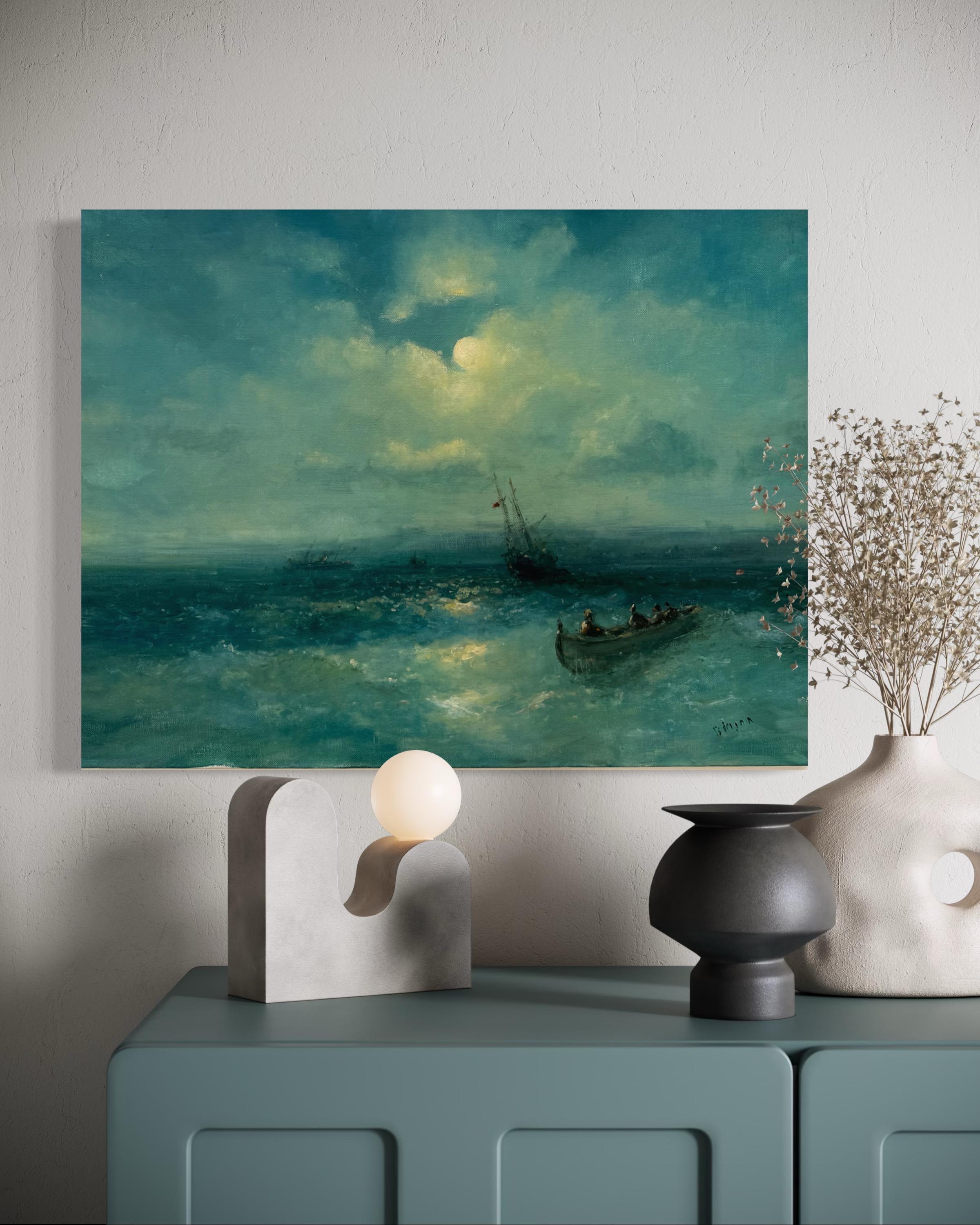 Mondlicht Seelandschaft Original Ölgemälde auf Leinen,  Bereit zum Aufhängen (Blau), Landscape Painting, von Karen Darbinyan
