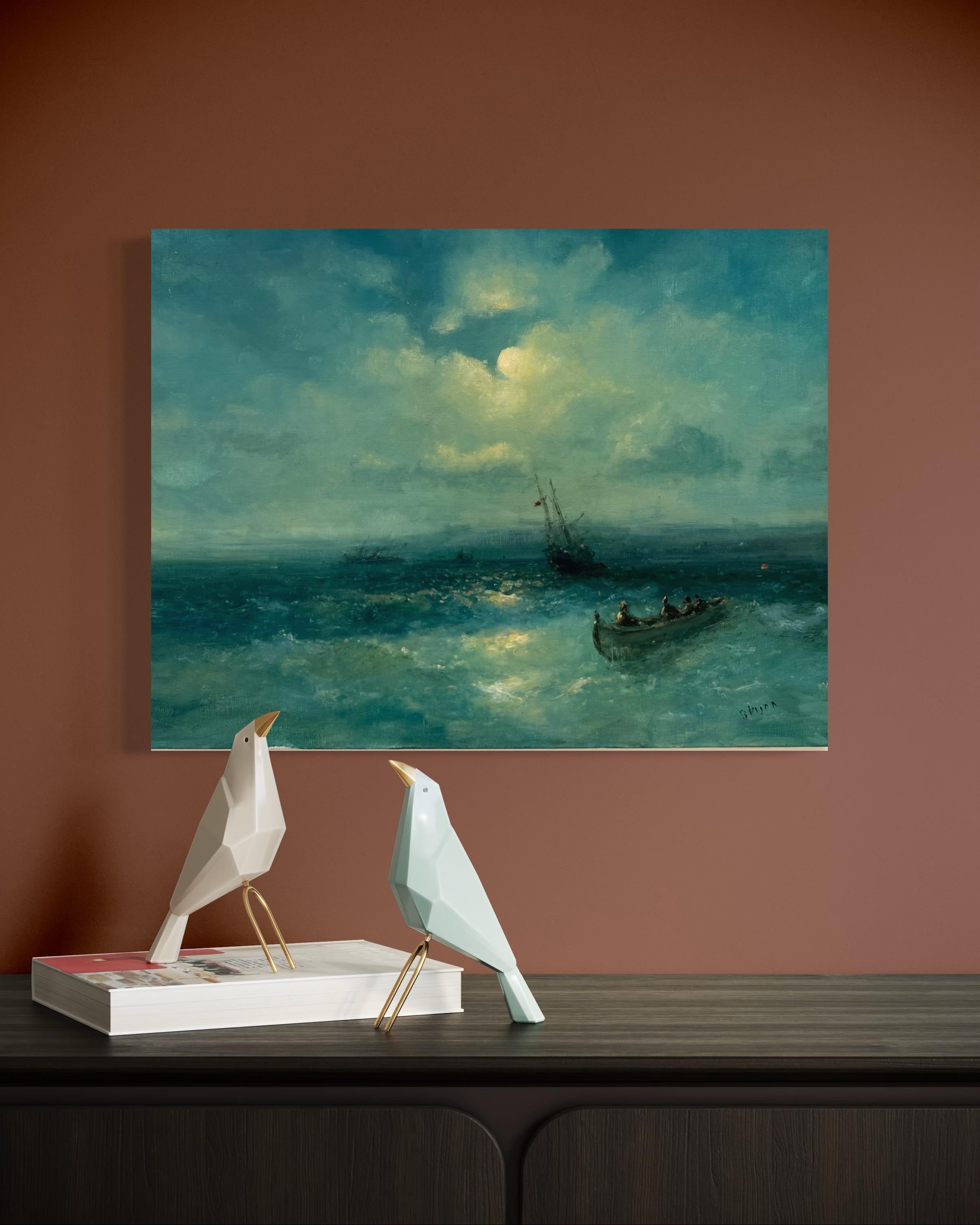 Mondlicht Seelandschaft Original Ölgemälde auf Leinen,  Bereit zum Aufhängen im Angebot 1