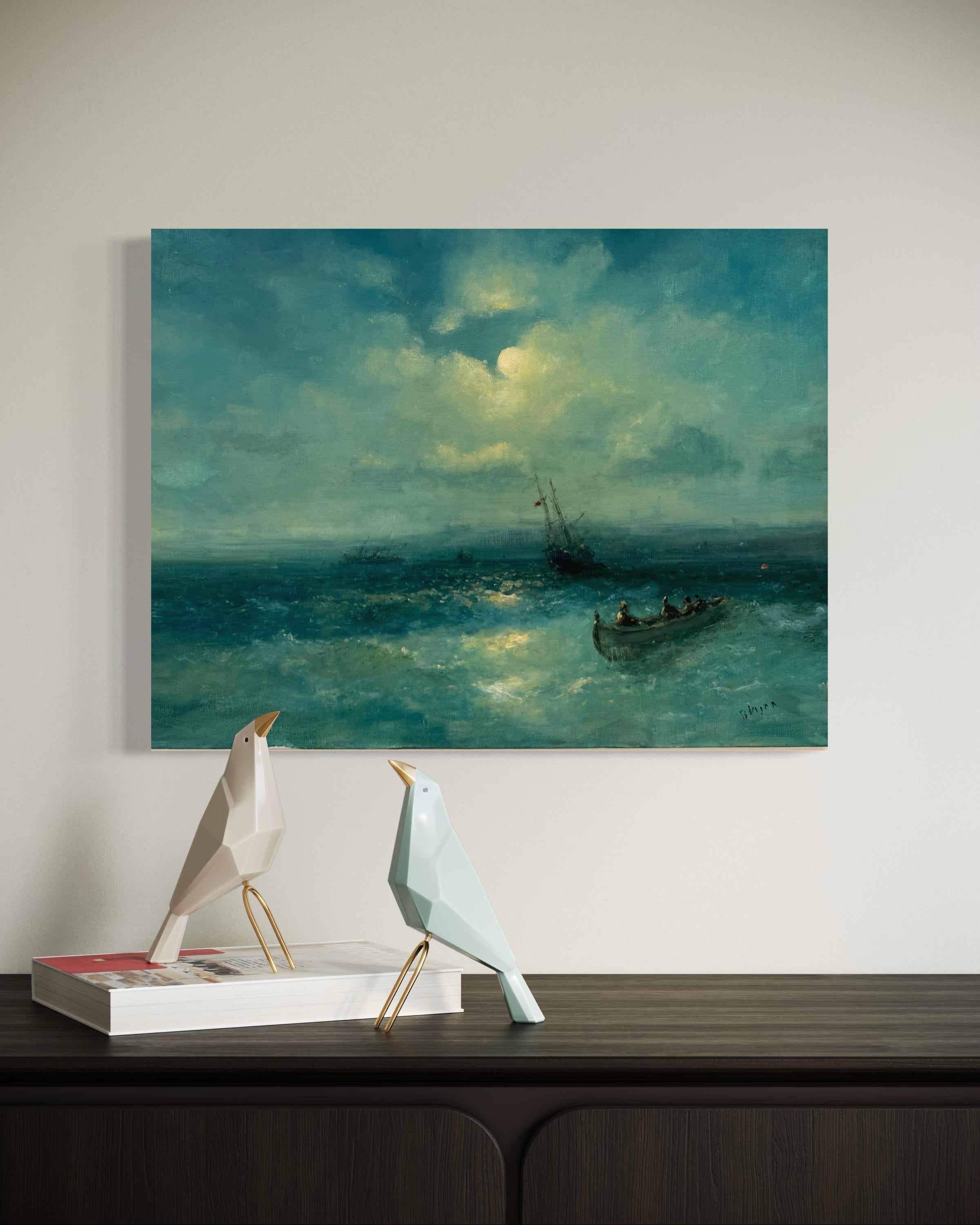 Mondlicht Seelandschaft Original Ölgemälde auf Leinen,  Bereit zum Aufhängen im Angebot 2
