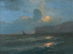 Luz de luna, paisaje marino Pintura al óleo original sobre lino, mar nocturno, lista para colgar