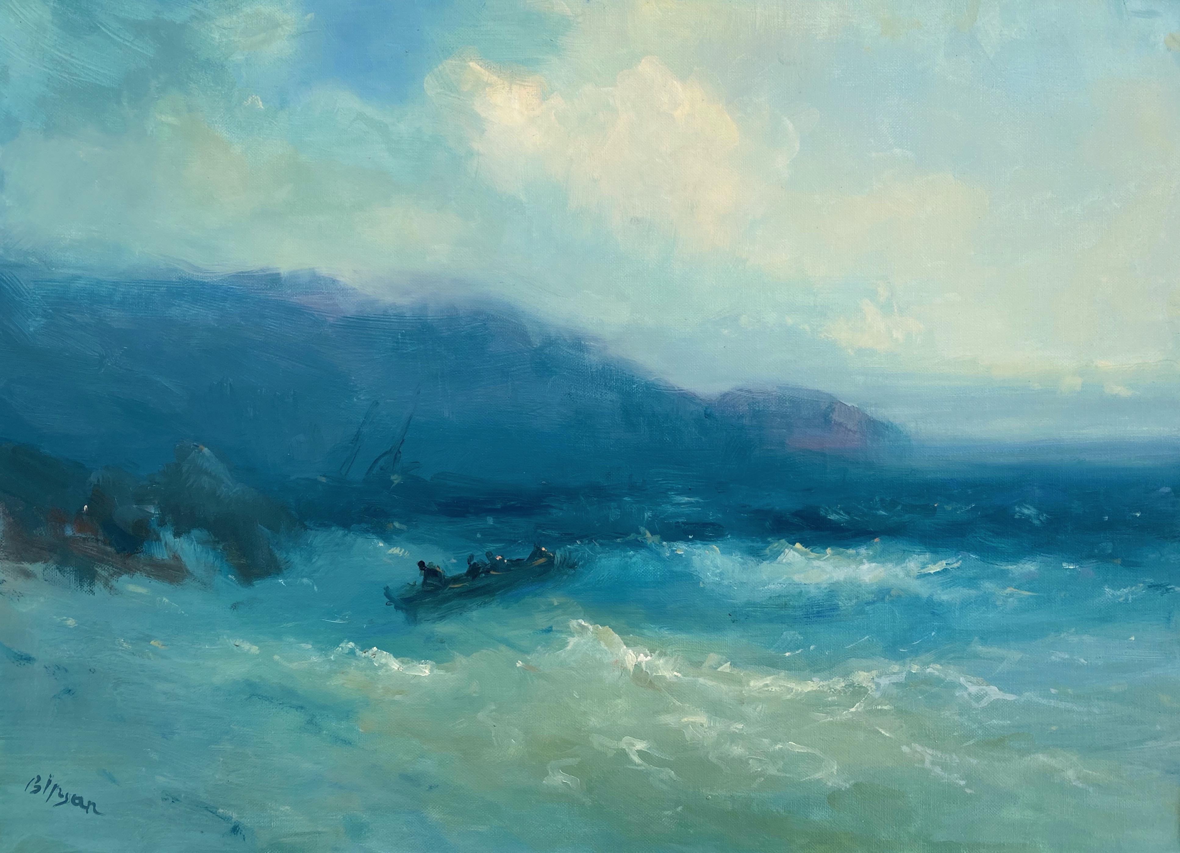 Landscape Painting de Karen Darbinyan - Cerca de los acantilados, paisaje marino, impresionismo Pintura al óleo original, enmarcada