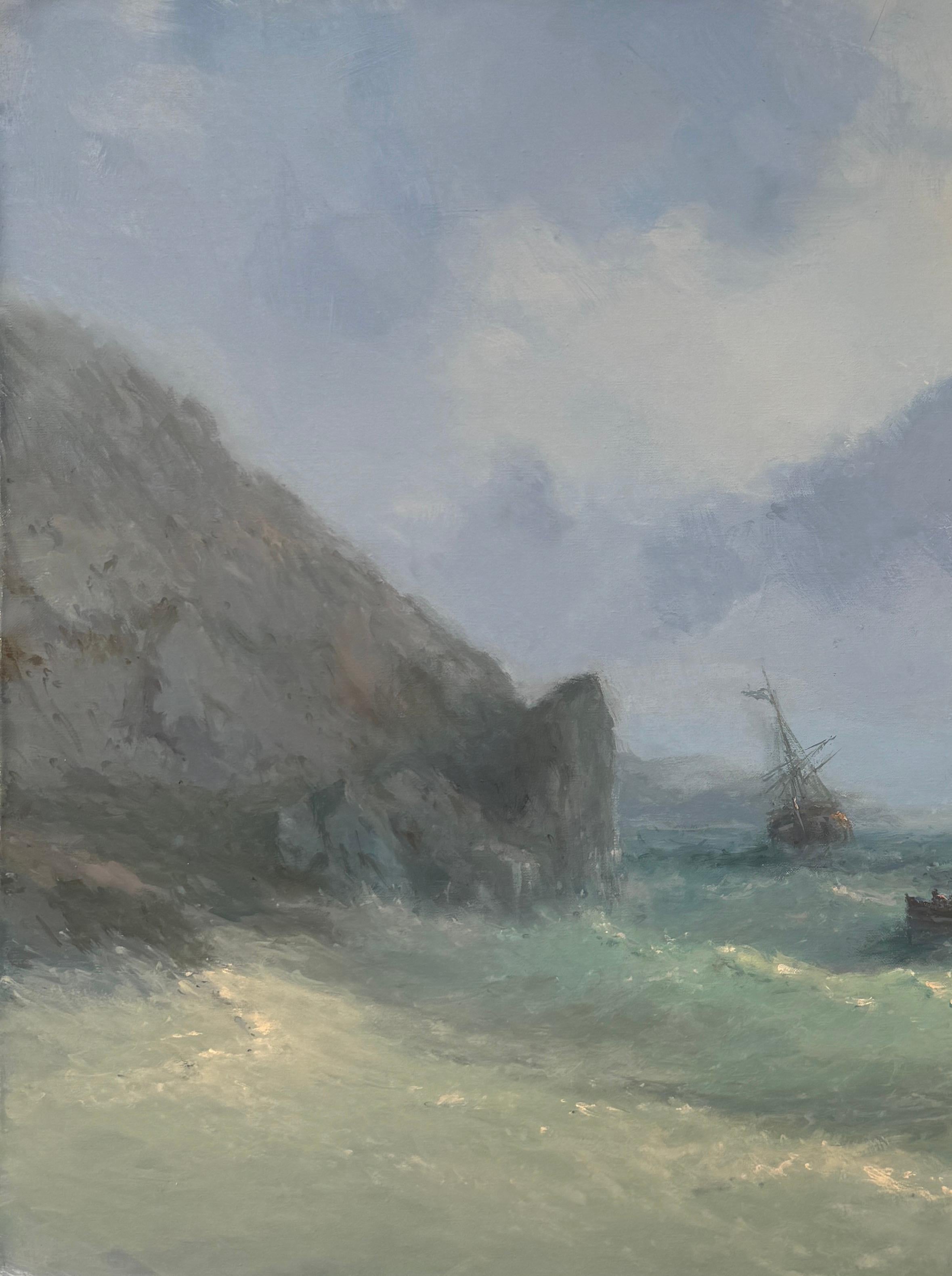 Cerca de los acantilados, paisaje marino Pintura al óleo original sobre lino, costera, lista para colgar - Painting de Karen Darbinyan