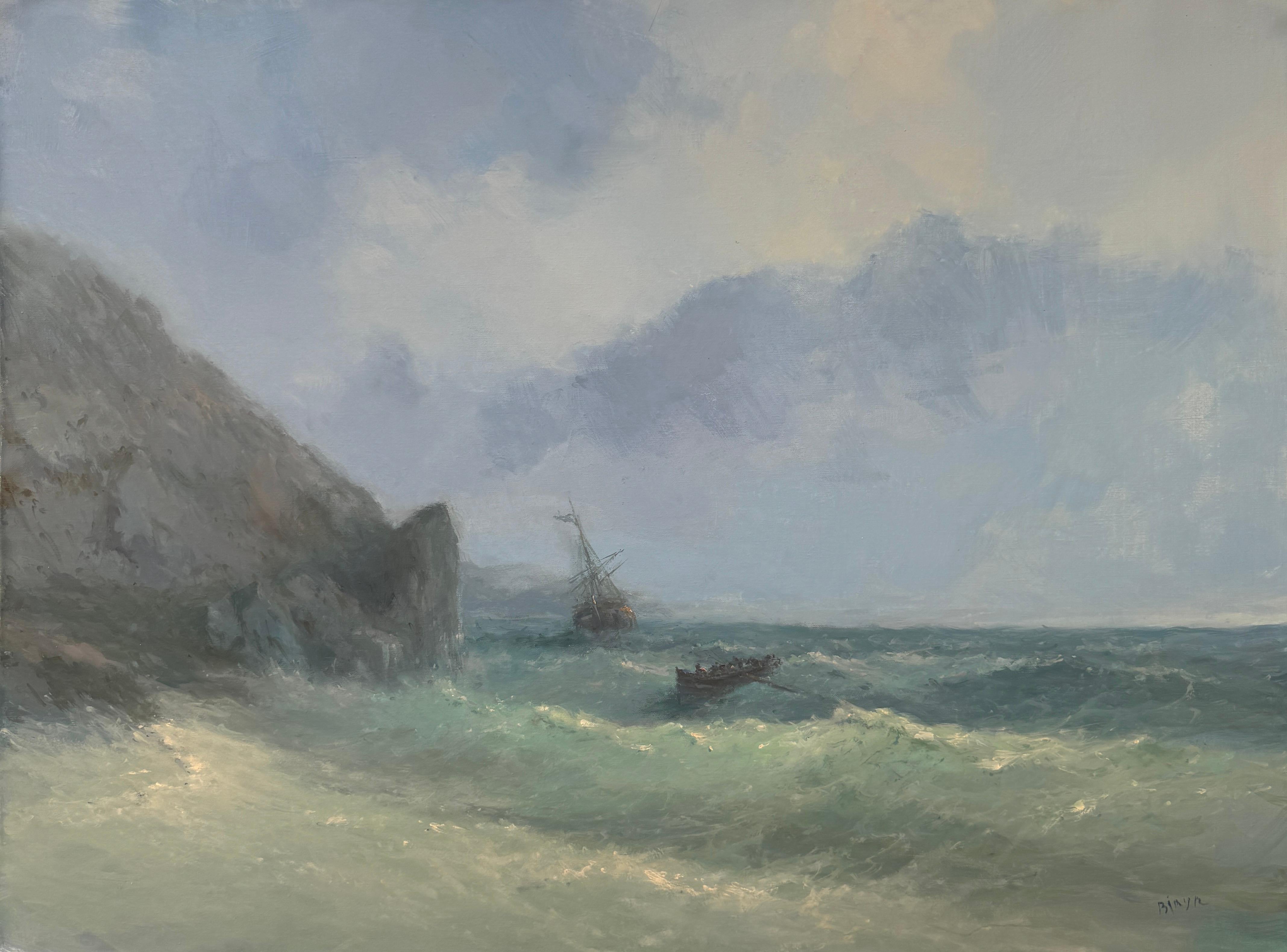 Cerca de los acantilados, paisaje marino Pintura al óleo original sobre lino, costera, lista para colgar