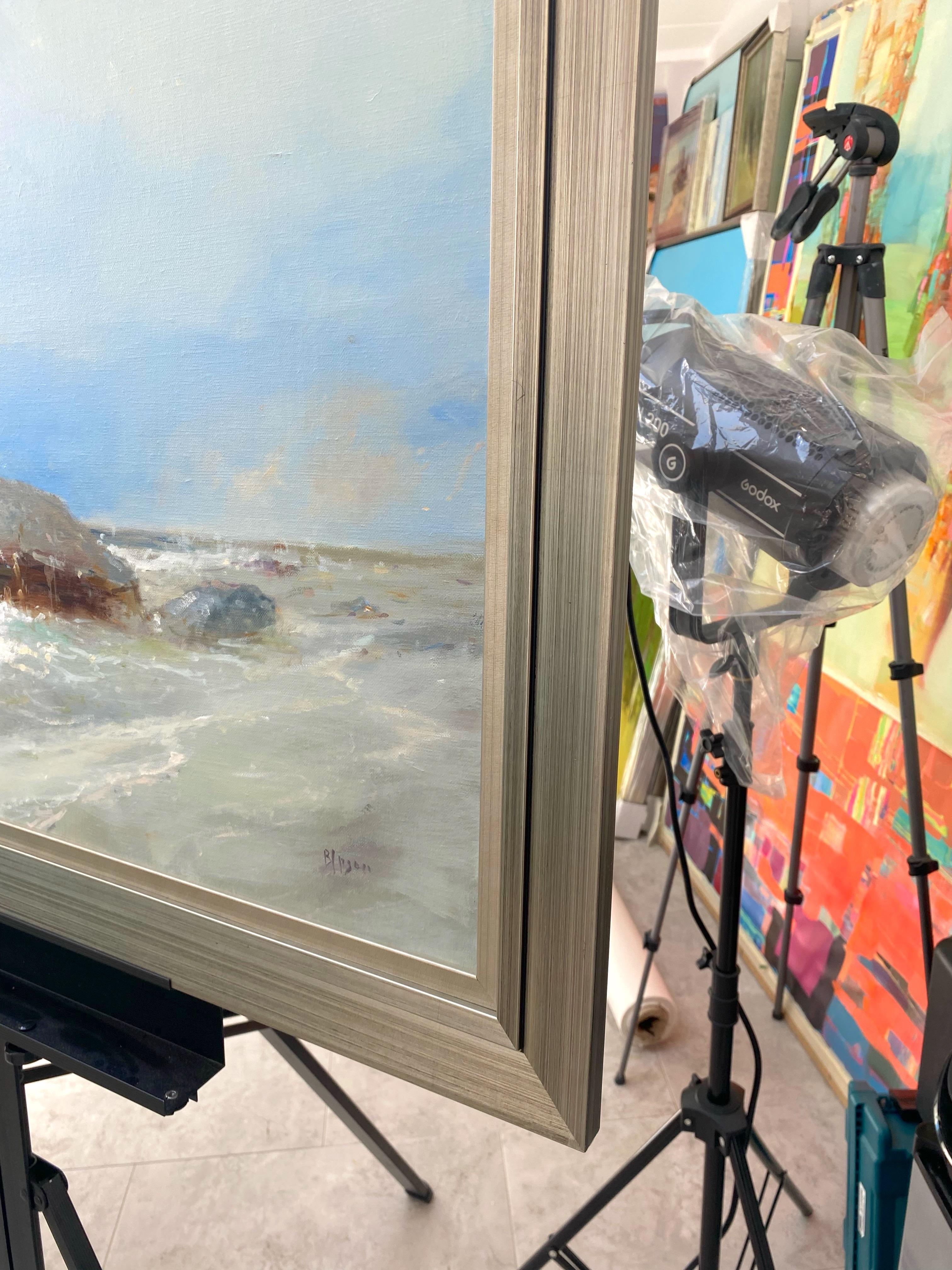 Ocean Cliff, Original oil Painting, Framed - Gray Landscape Painting by Karen Darbinyan