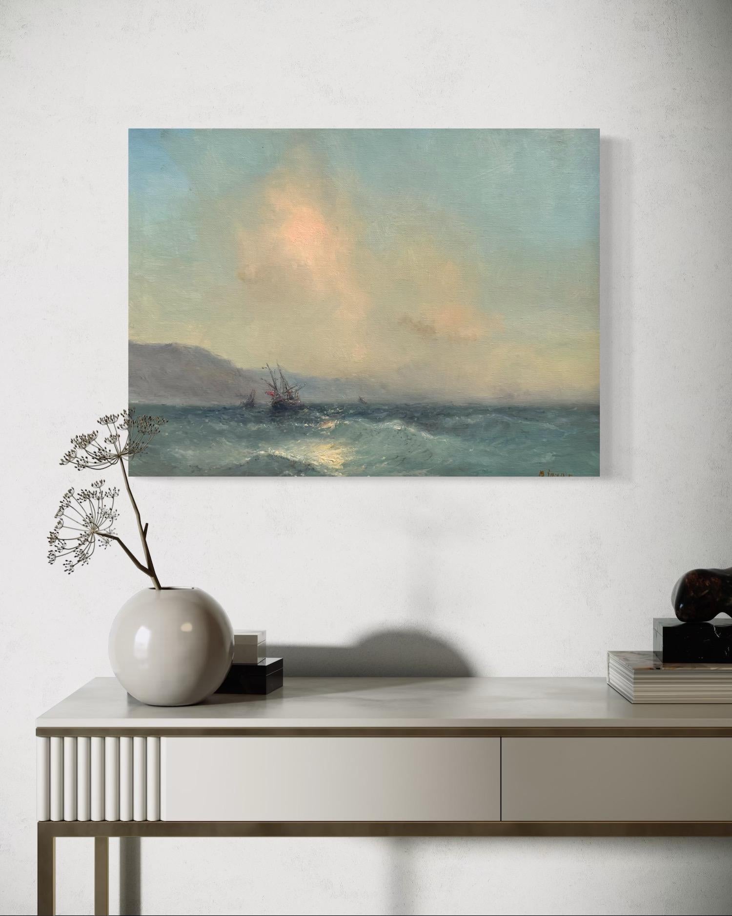 Ocean View Seascape Original Oil Painting on Linen,  Ready to Hang - Gray Landscape Painting by Karen Darbinyan