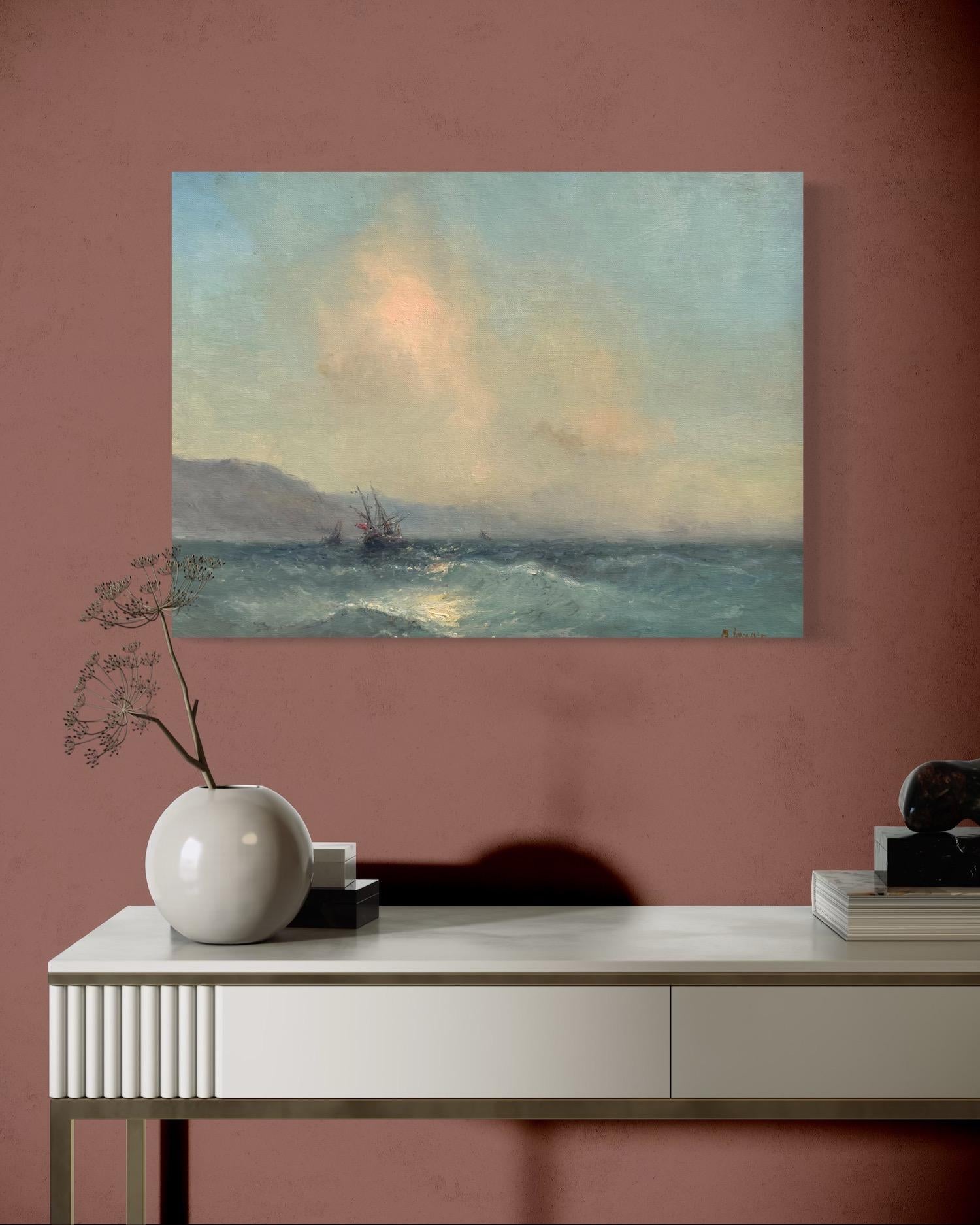 Ocean View Seascape Original Oil Painting on Linen,  Ready to Hang For Sale 2