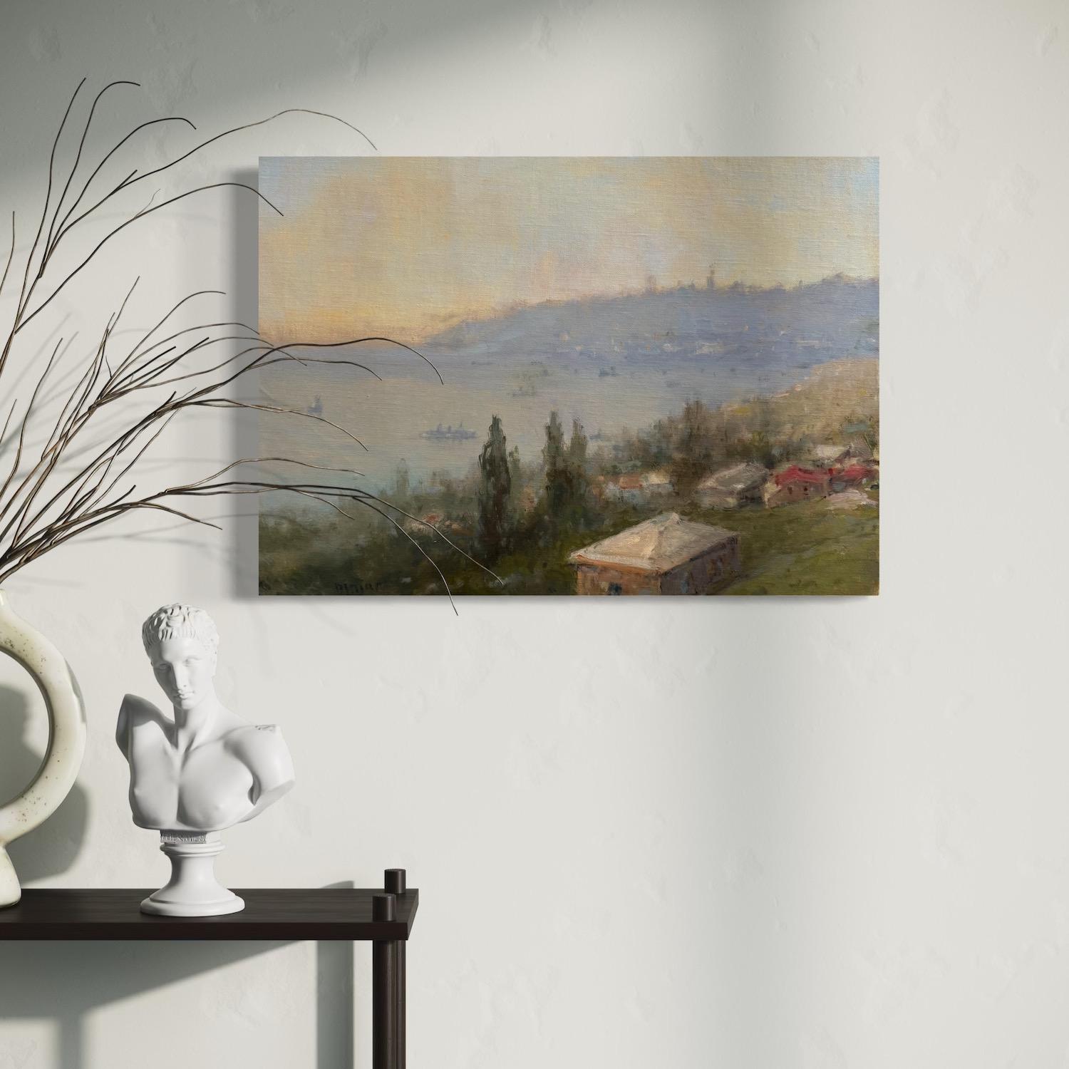 Port of Silence Seascape Original Oil Painting on Linen,  Ready to Hang - Brown Landscape Painting by Karen Darbinyan