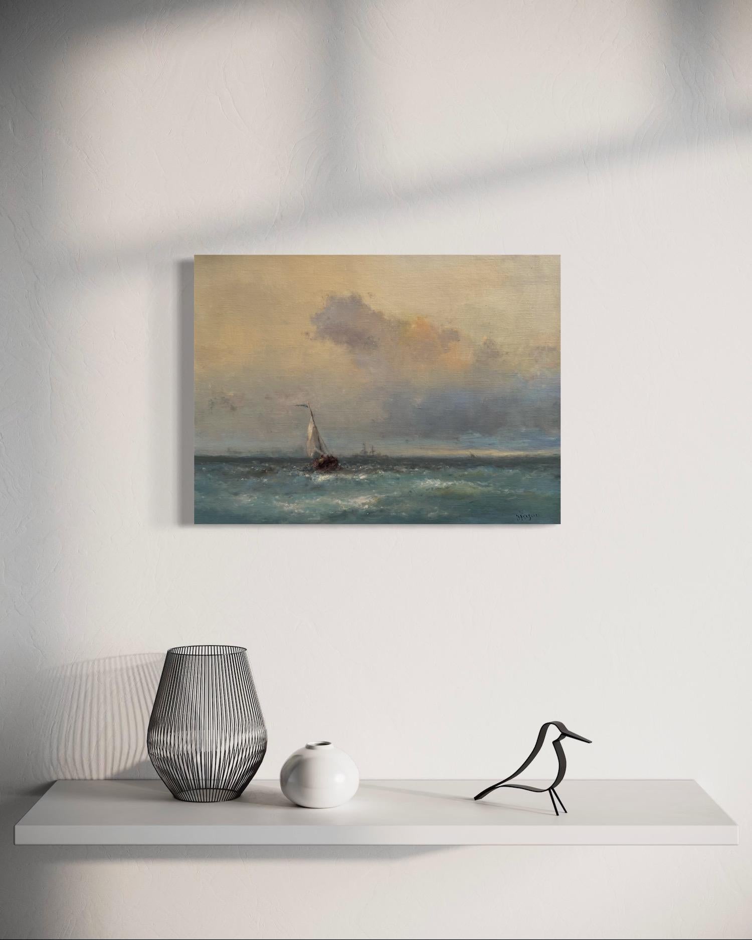 Sail Boat Seascape Original Oil Painting on Linen,  Ready to Hang - Brown Landscape Painting by Karen Darbinyan