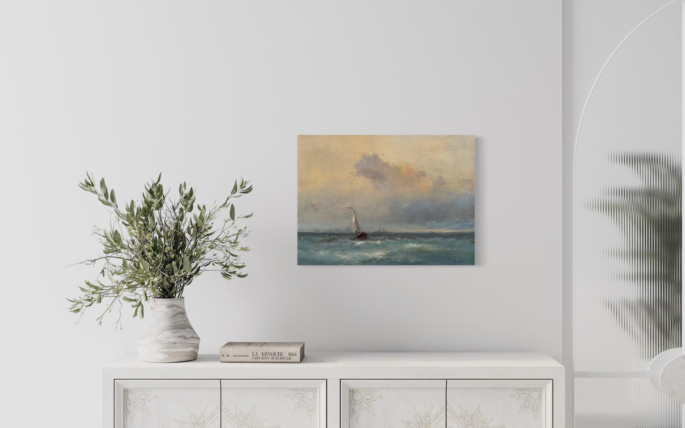 Sail Boat Seascape Original Oil Painting on Linen,  Ready to Hang For Sale 1