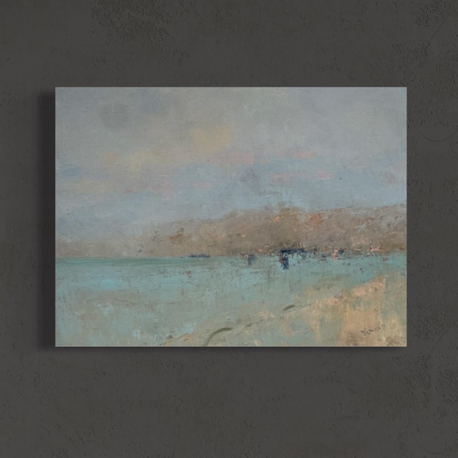 Seascape Coastal Original Oil Painting on Linen,  Ready to Hang - Gray Landscape Painting by Karen Darbinyan