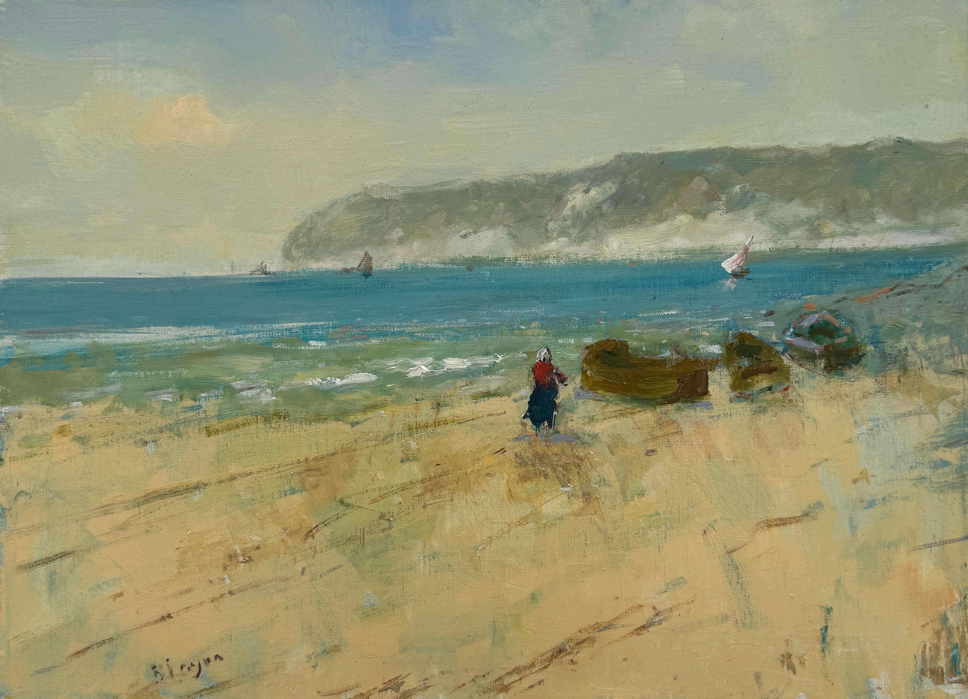 Seashore Landscape Original Oil Painting on Linen,  Ready to Hang - Brown Landscape Painting by Karen Darbinyan
