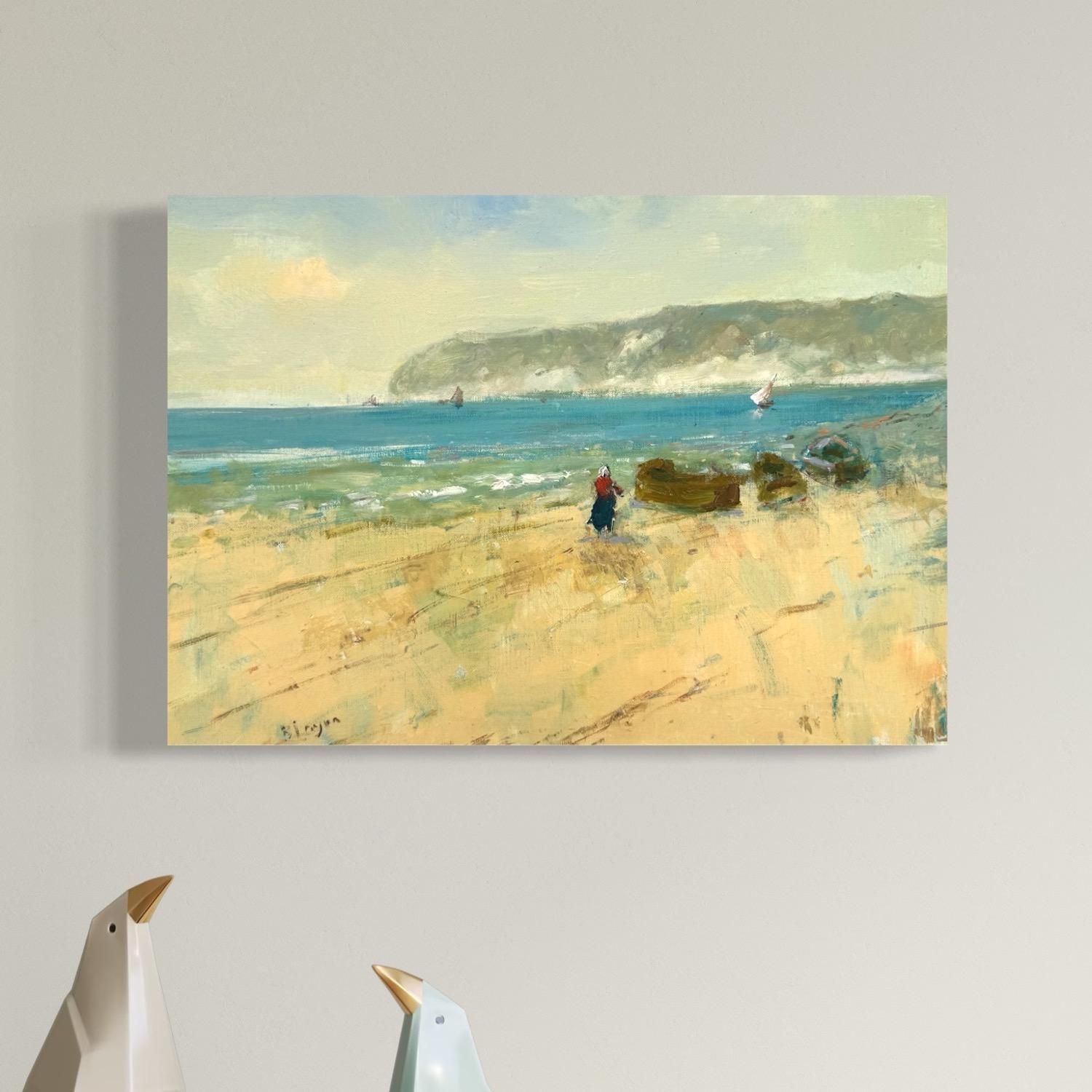 Seashore Landscape Original Oil Painting on Linen,  Ready to Hang For Sale 2