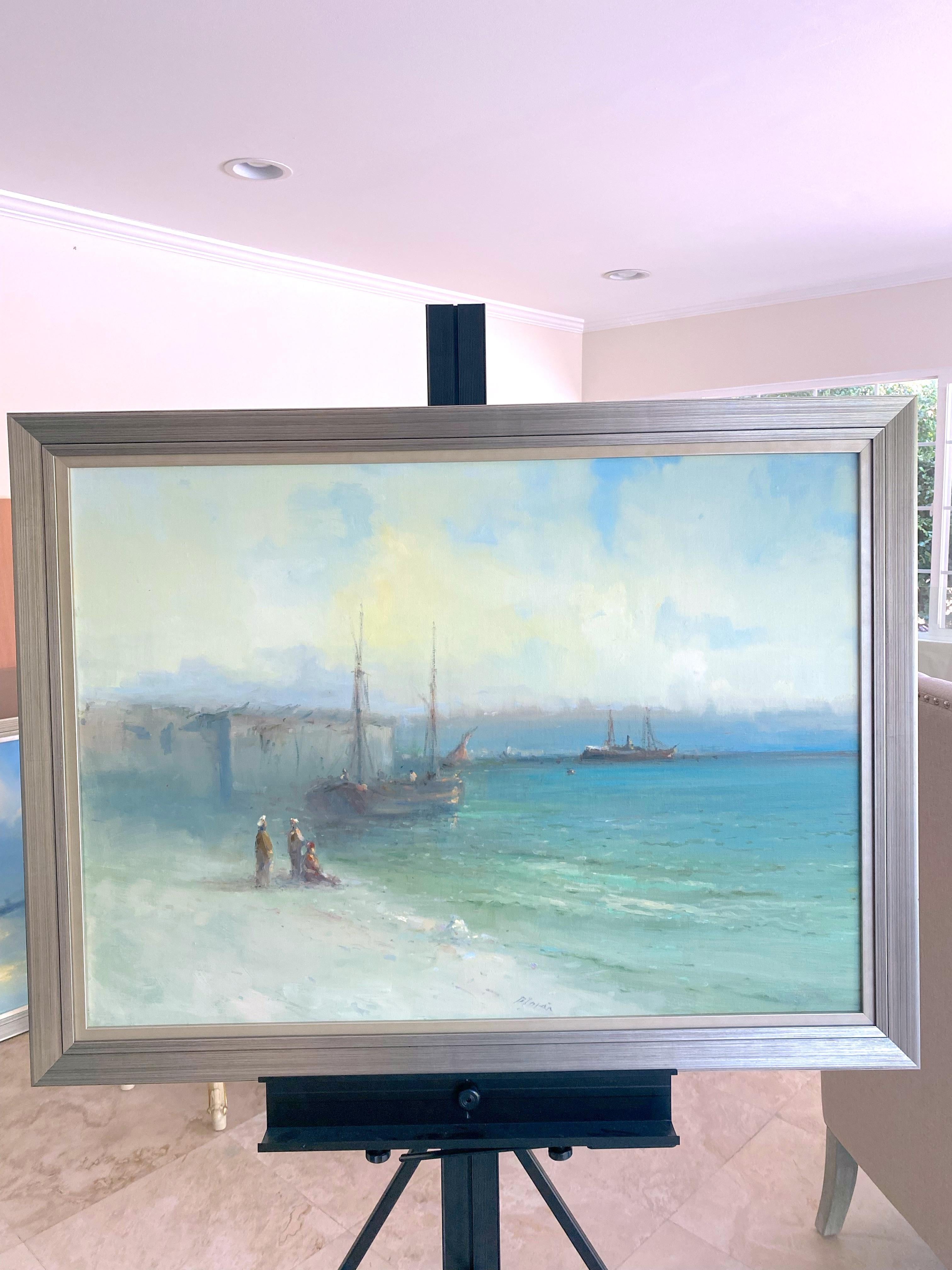 Orilla del mar, Costa, Pintura al óleo original sobre lino, Enmarcada - Painting de Karen Darbinyan