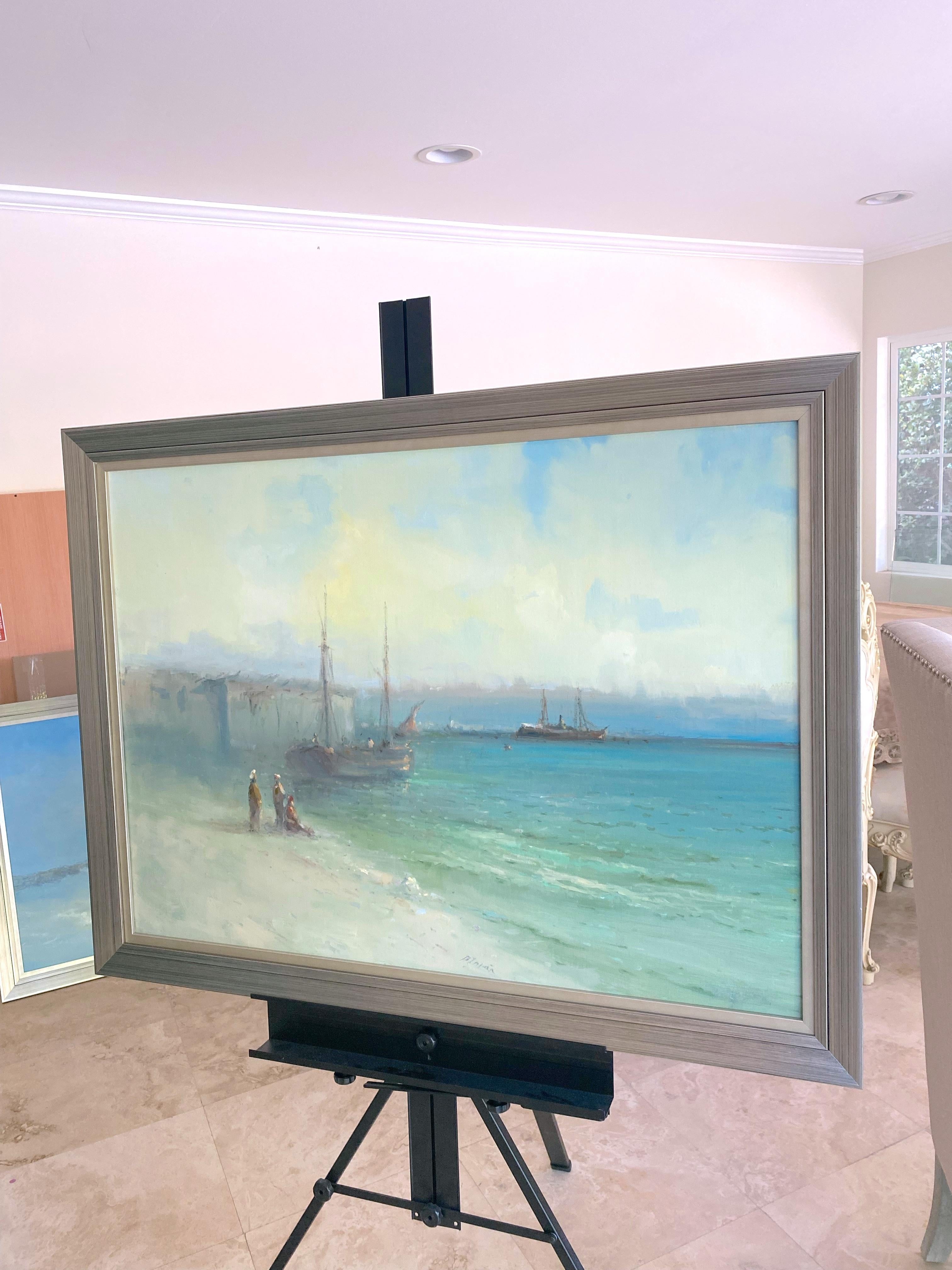 Peinture à l'huile originale Seashore, encadrée - Gris Landscape Painting par Karen Darbinyan
