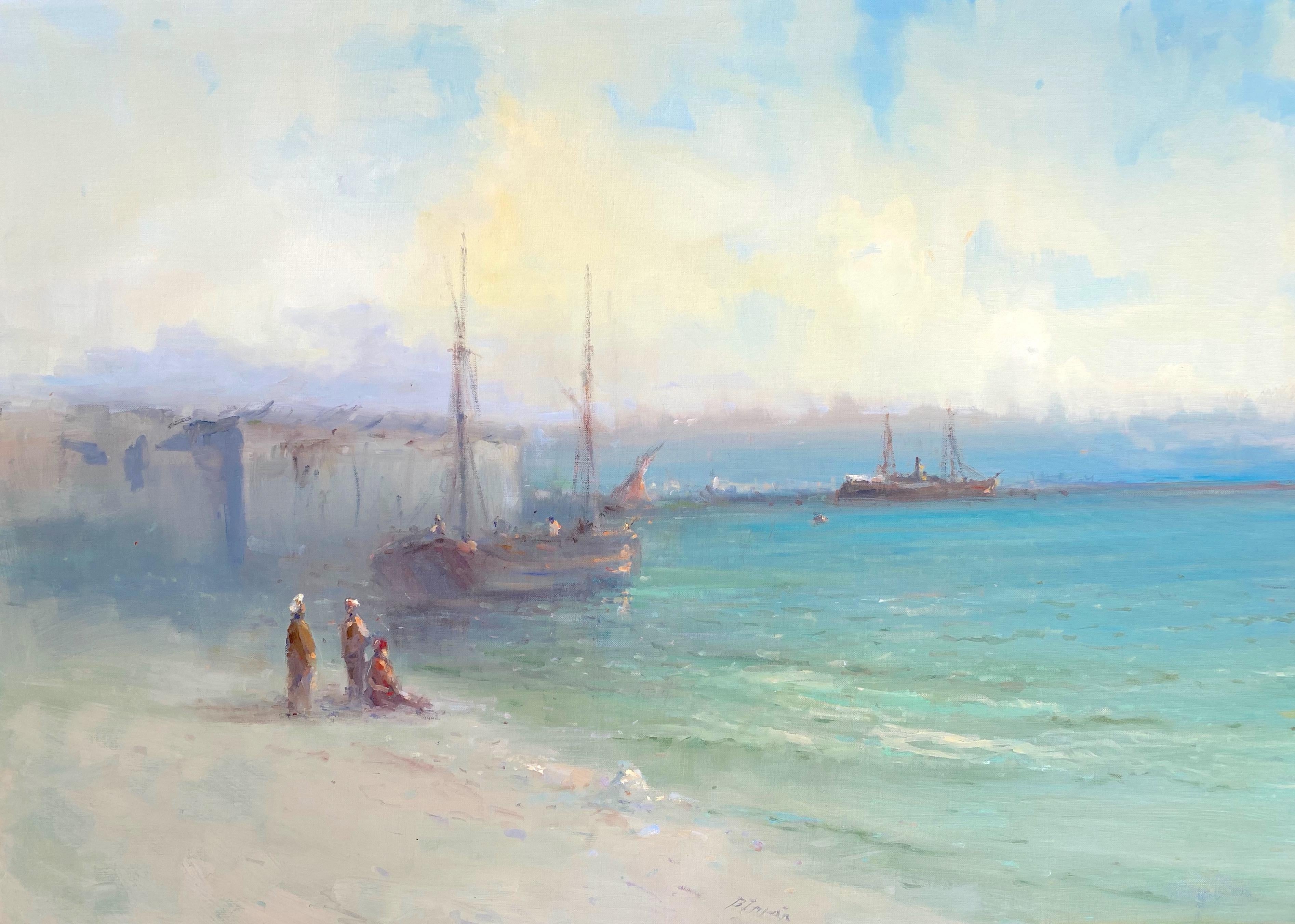 Orilla del mar, Costa, Pintura al óleo original sobre lino, Enmarcada