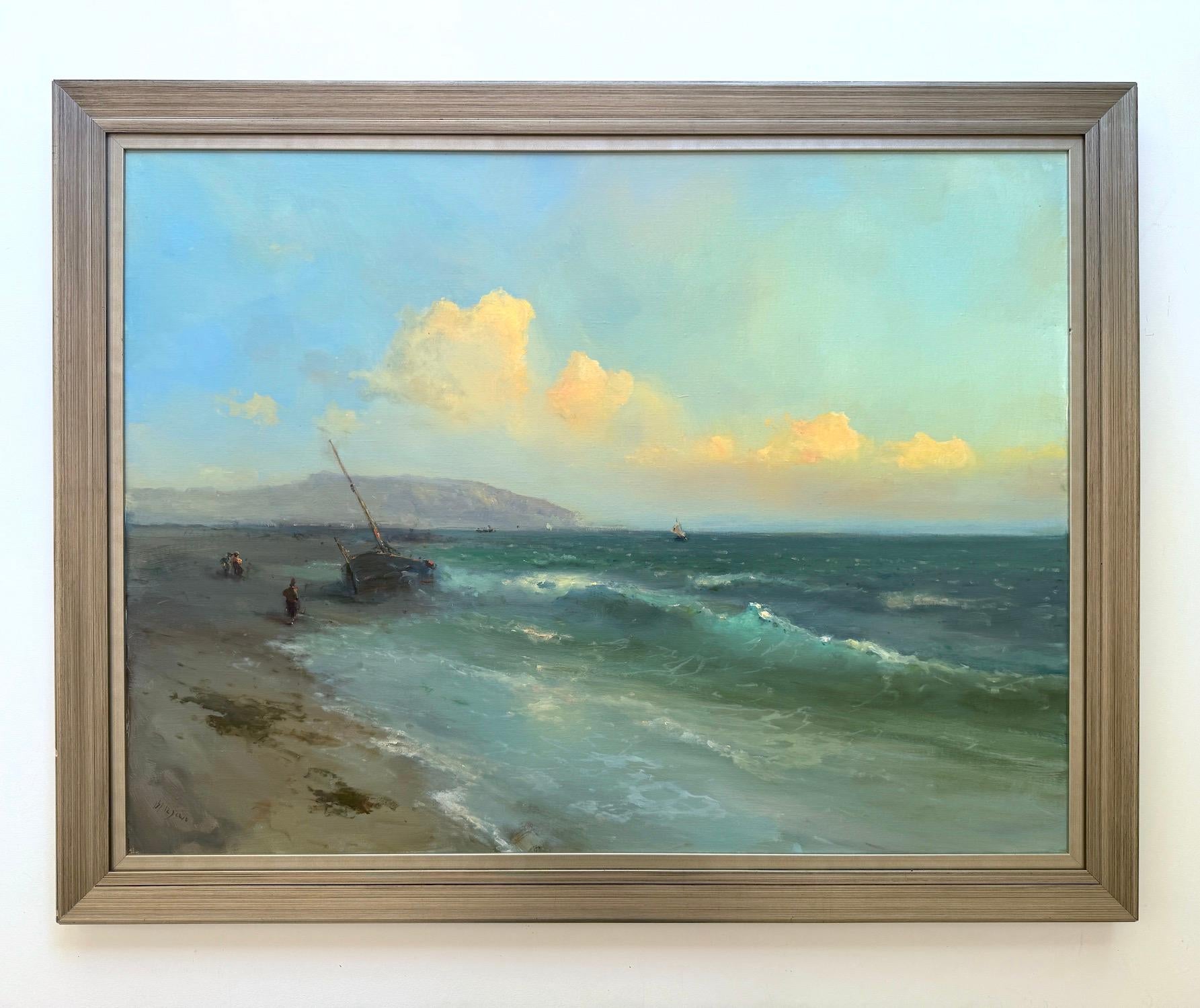 Seashore Seascape Original Oil Painting on Linen,  Ready to Hang (Grau), Landscape Painting, von Karen Darbinyan