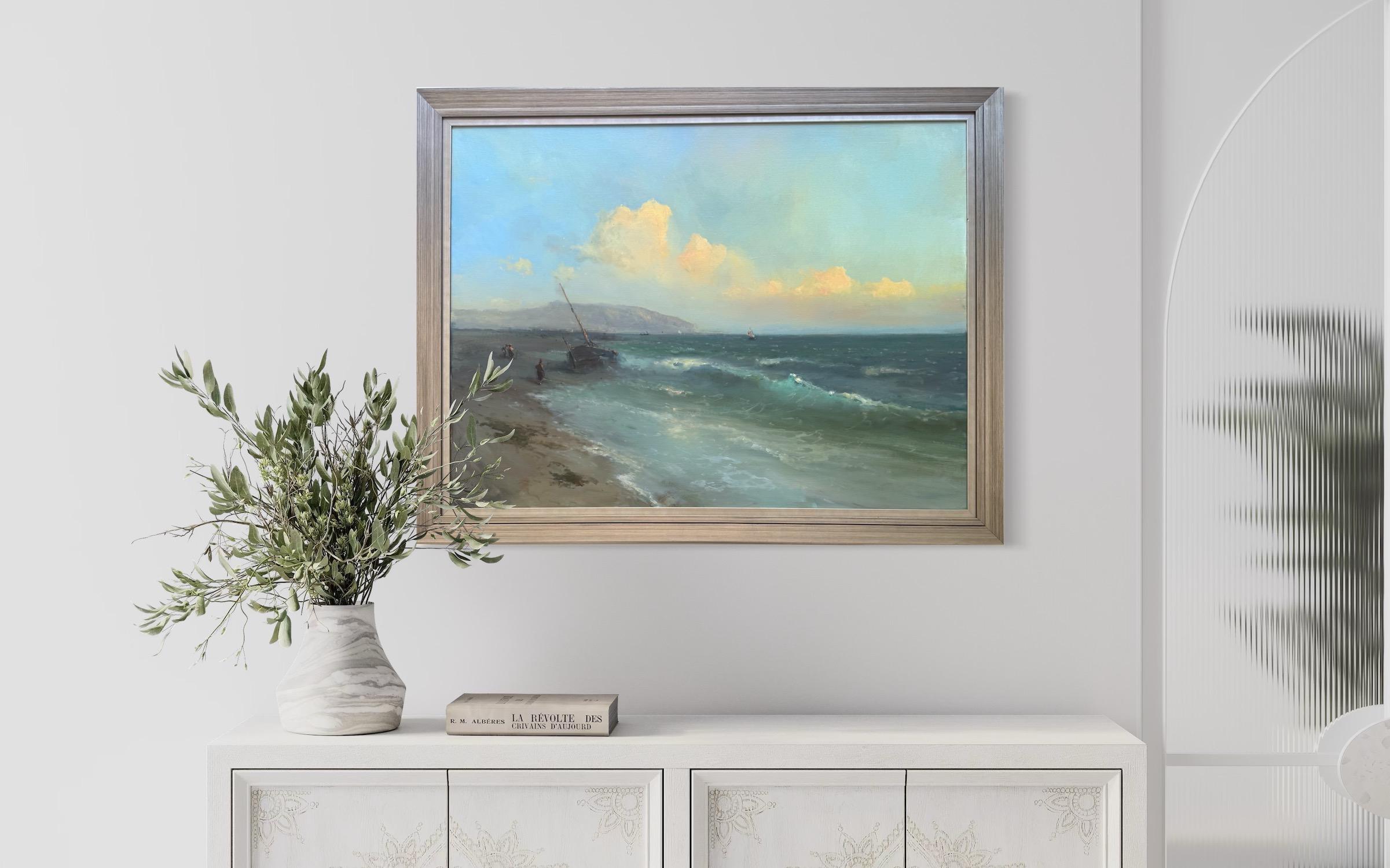 Seashore Seascape Original Oil Painting on Linen,  Ready to Hang im Angebot 2