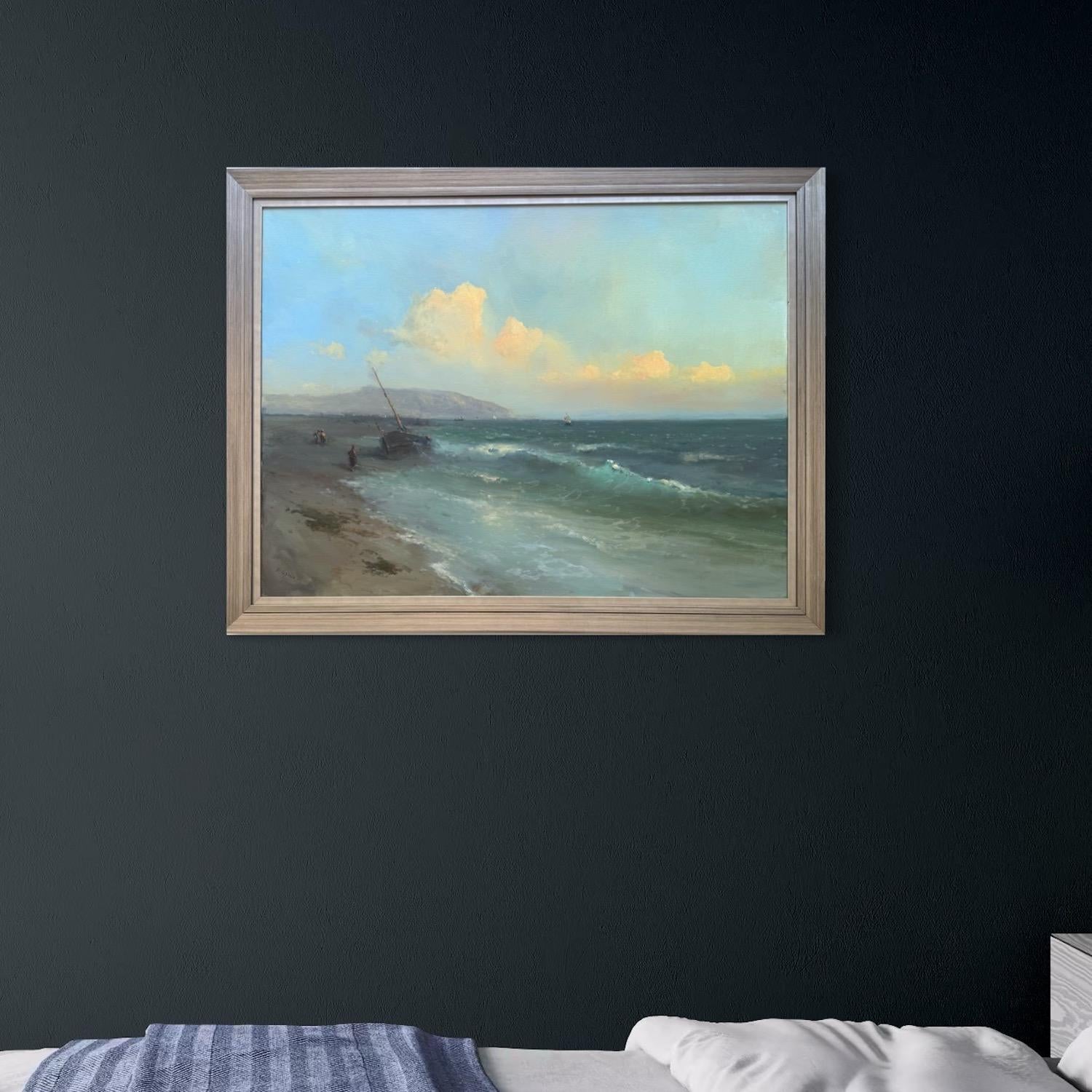 Seashore Seascape Original Oil Painting on Linen,  Ready to Hang im Angebot 3