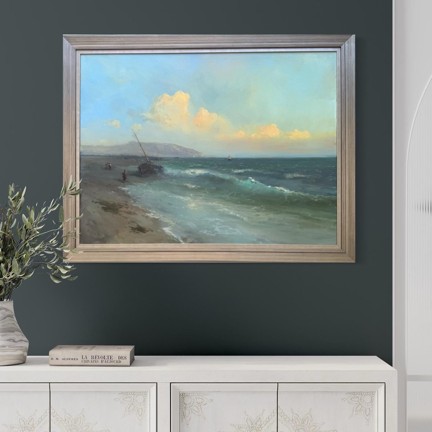 Seashore Seascape Original Oil Painting on Linen,  Ready to Hang im Angebot 4