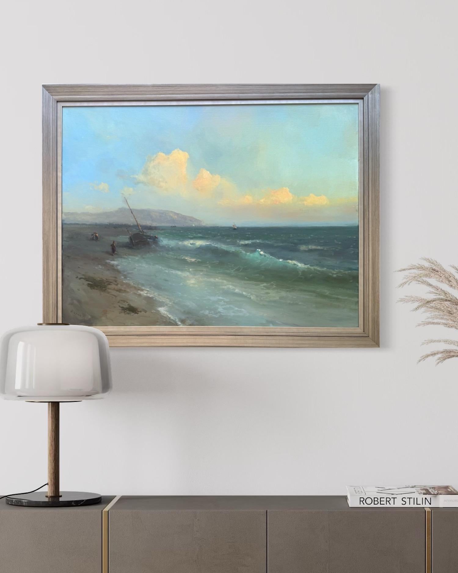 Seashore Seascape Original Oil Painting on Linen,  Ready to Hang im Angebot 5