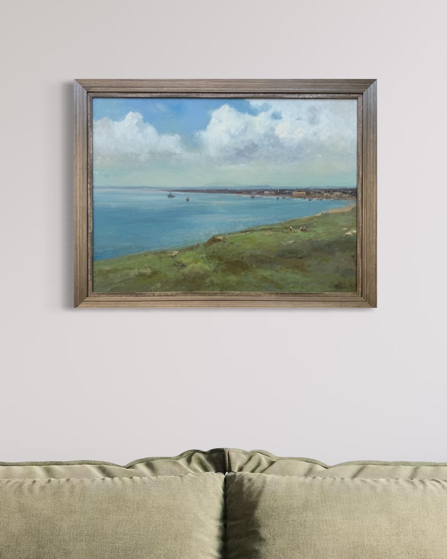 Still Horizon Seascape Peinture à l'huile originale sur lin,  Prêt à être accroché - Bleu Landscape Painting par Karen Darbinyan