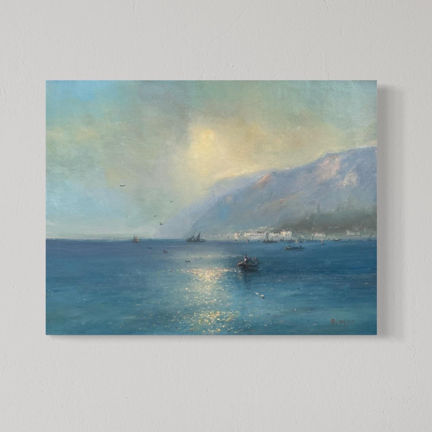 Sunset Coastal Original Oil Painting on Linen,  Ready to Hang - Gray Landscape Painting by Karen Darbinyan