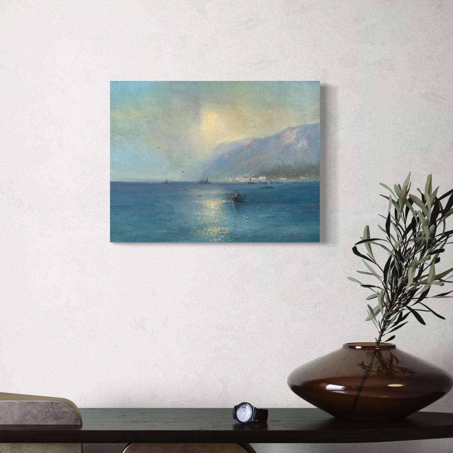 Sunset Coastal Original Oil Painting on Linen,  Ready to Hang For Sale 1