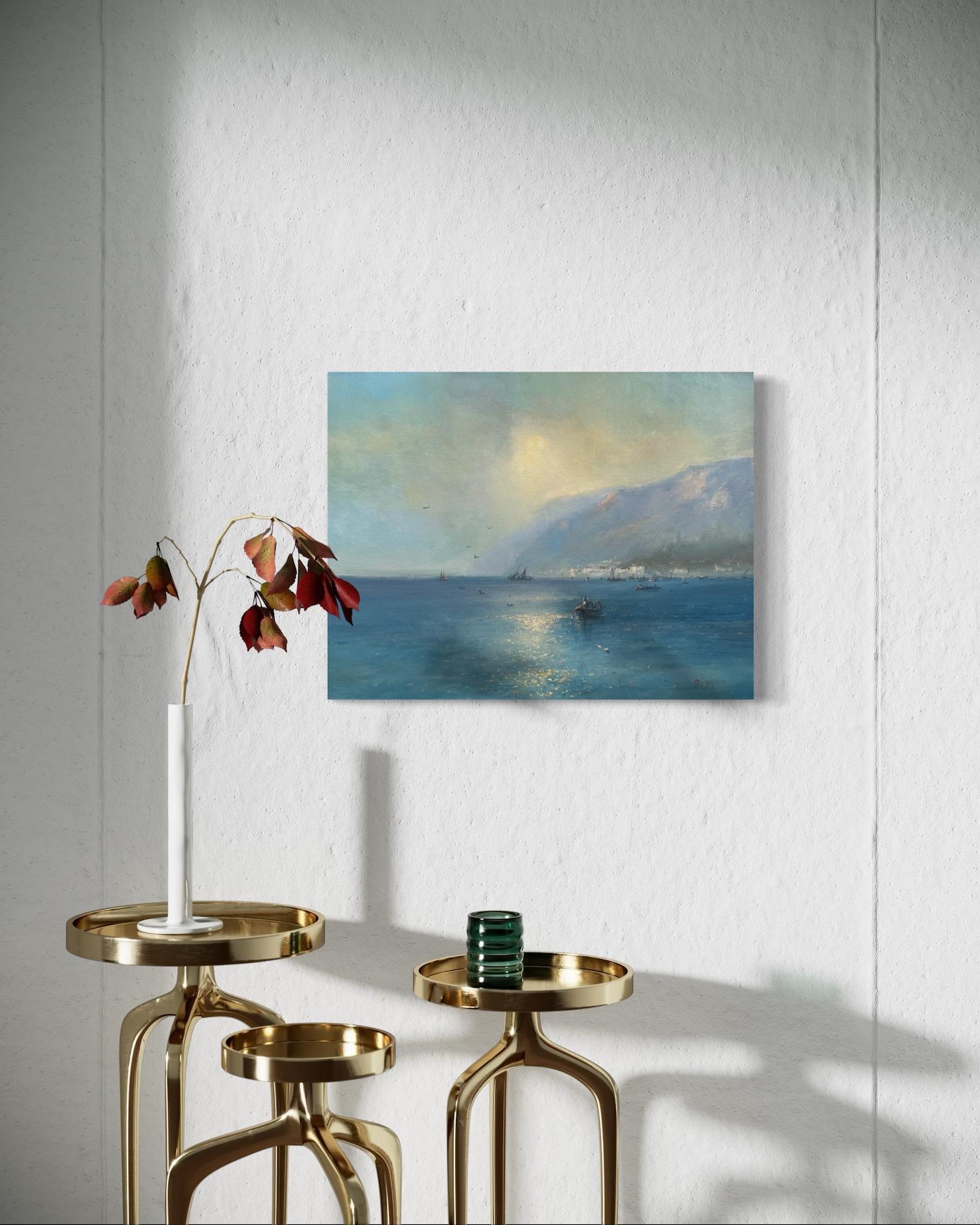 Sunset Coastal Original Oil Painting on Linen,  Ready to Hang For Sale 2