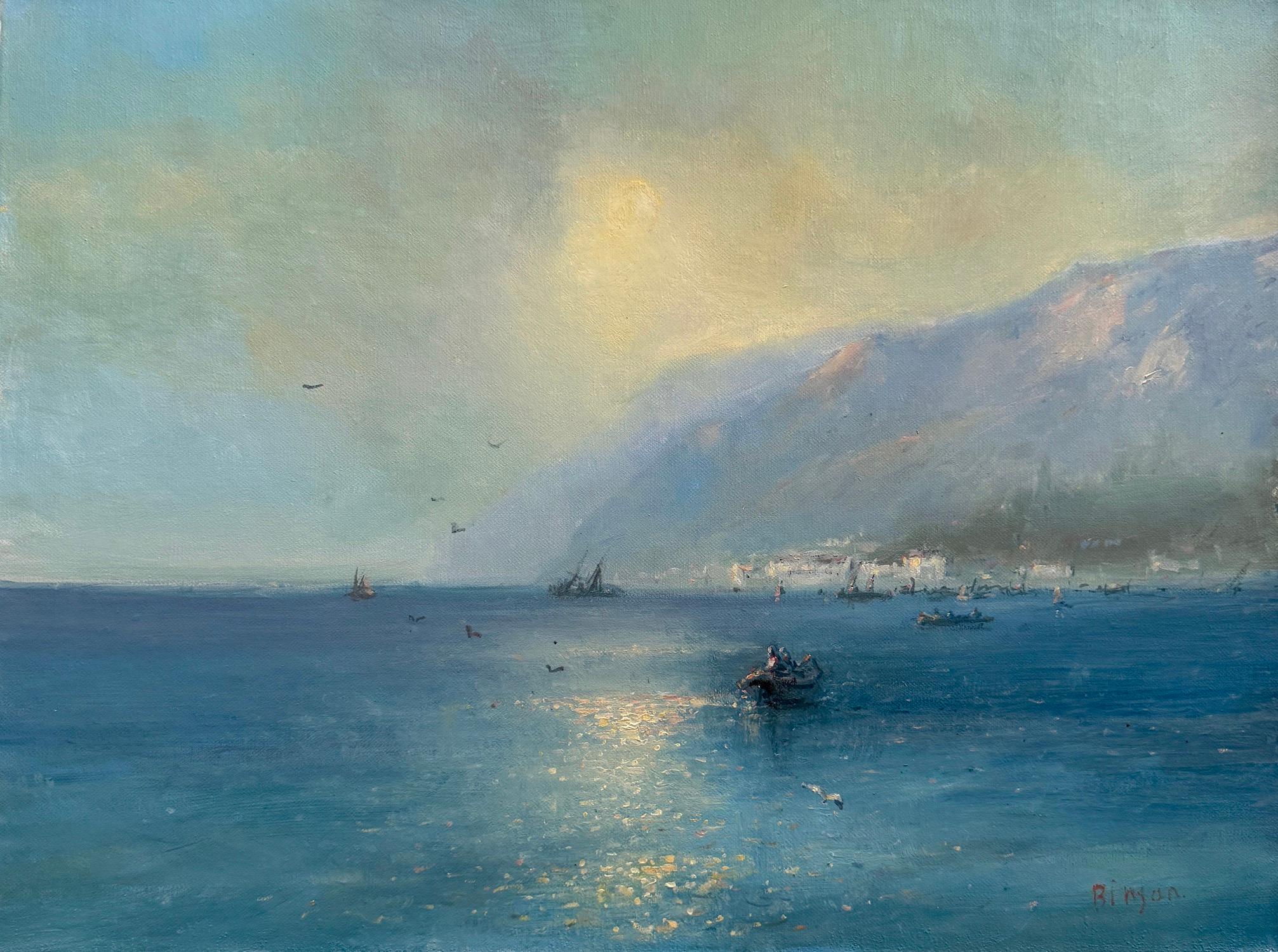 Karen Darbinyan Landscape Painting - Sunset Coastal Original Oil Painting on Linen,  Ready to Hang