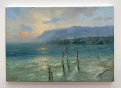 Paisaje marino al atardecer Pintura al óleo original sobre lino,  Listo para colgar