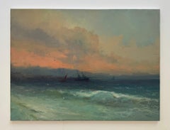 Sonnenuntergang Meereslandschaft Original Ölgemälde auf Leinen,  Bereit zum Aufhängen