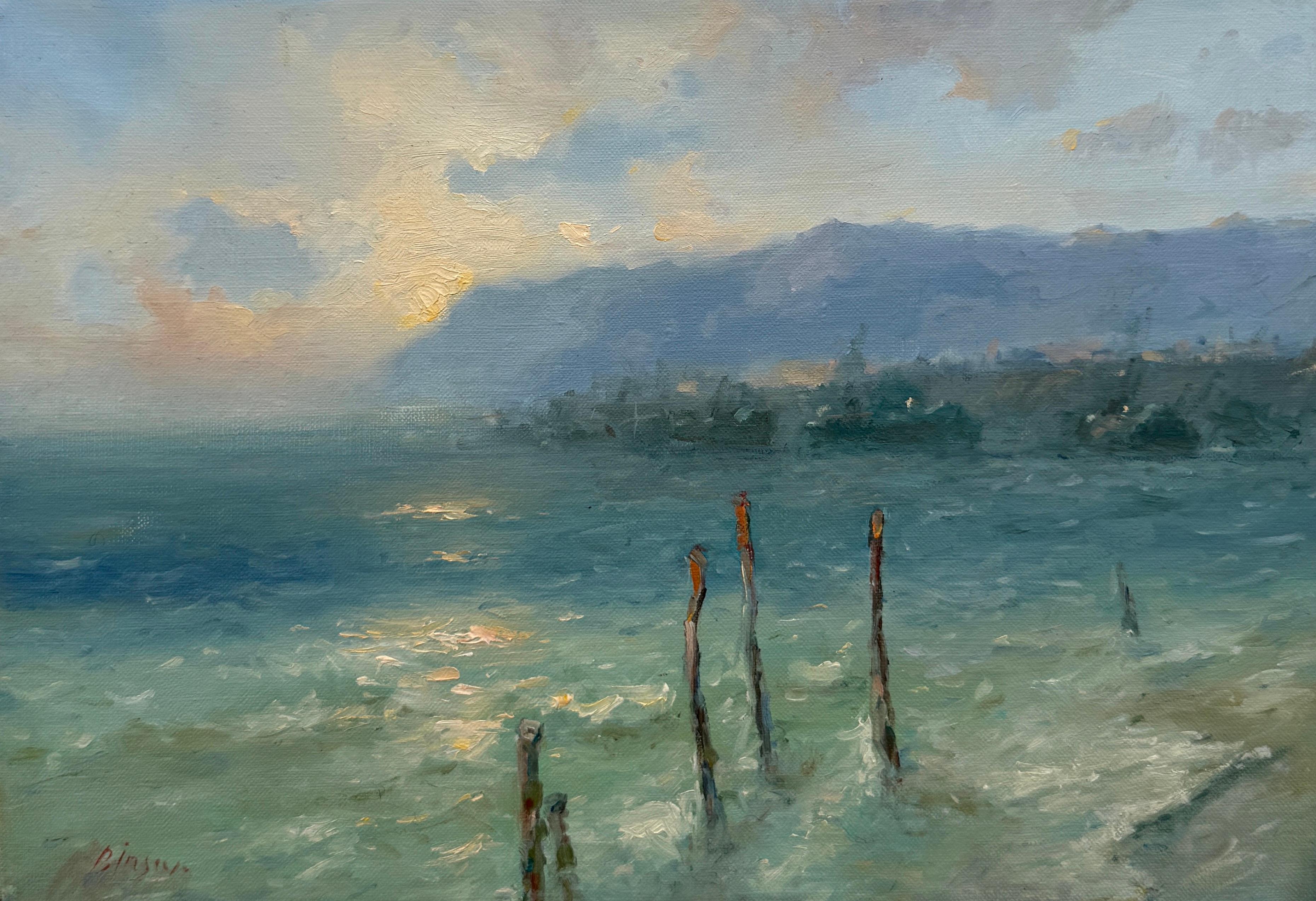 Sonnenuntergang Meereslandschaft Original Ölgemälde auf Leinen,  Bereit zum Aufhängen