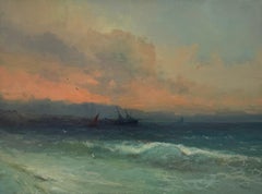 Sunset Seascape Original Oil Painting on Linen,  Ready to Hang