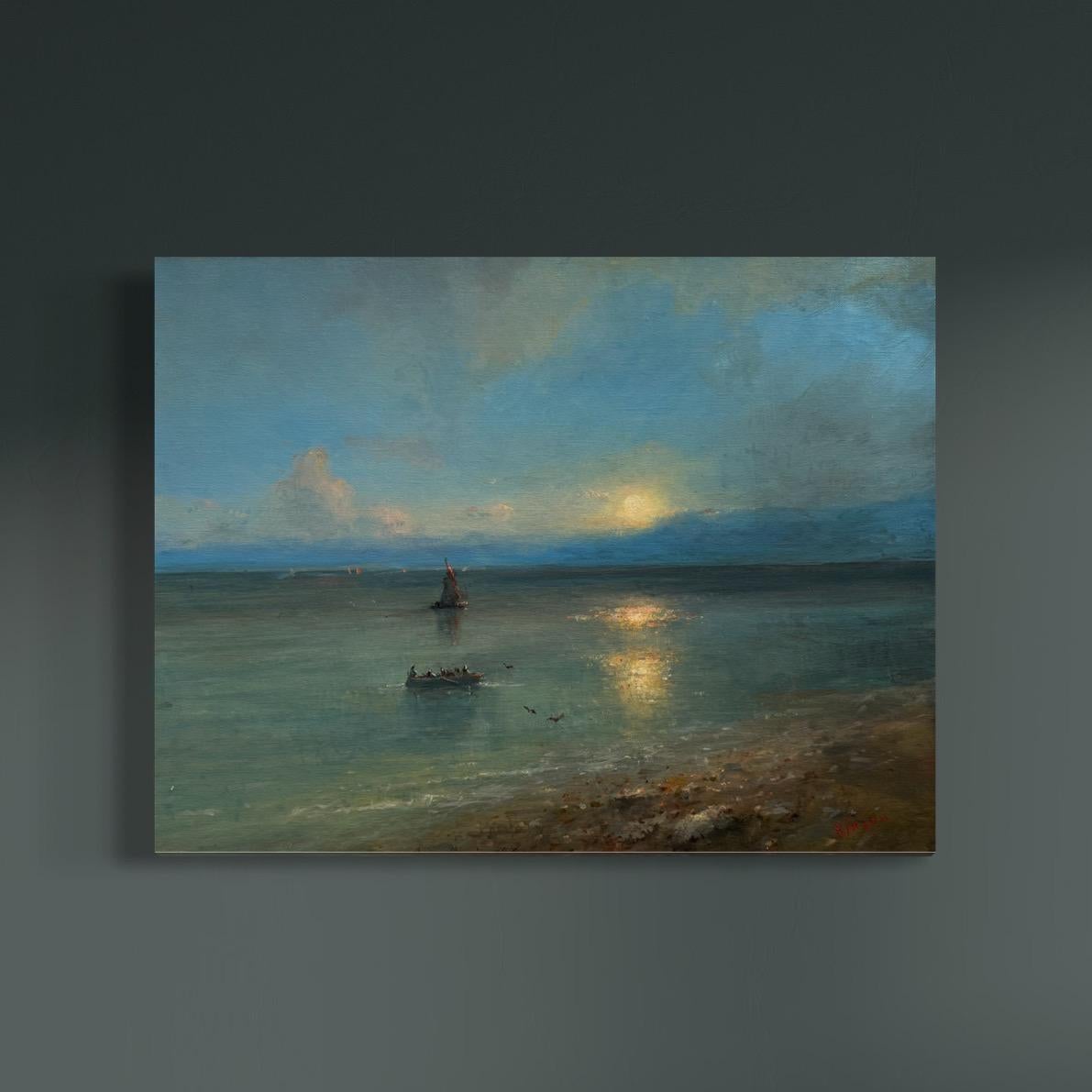 Supermoon Seascape Original Oil Painting on Linen,  Ready to Hang - Gray Landscape Painting by Karen Darbinyan