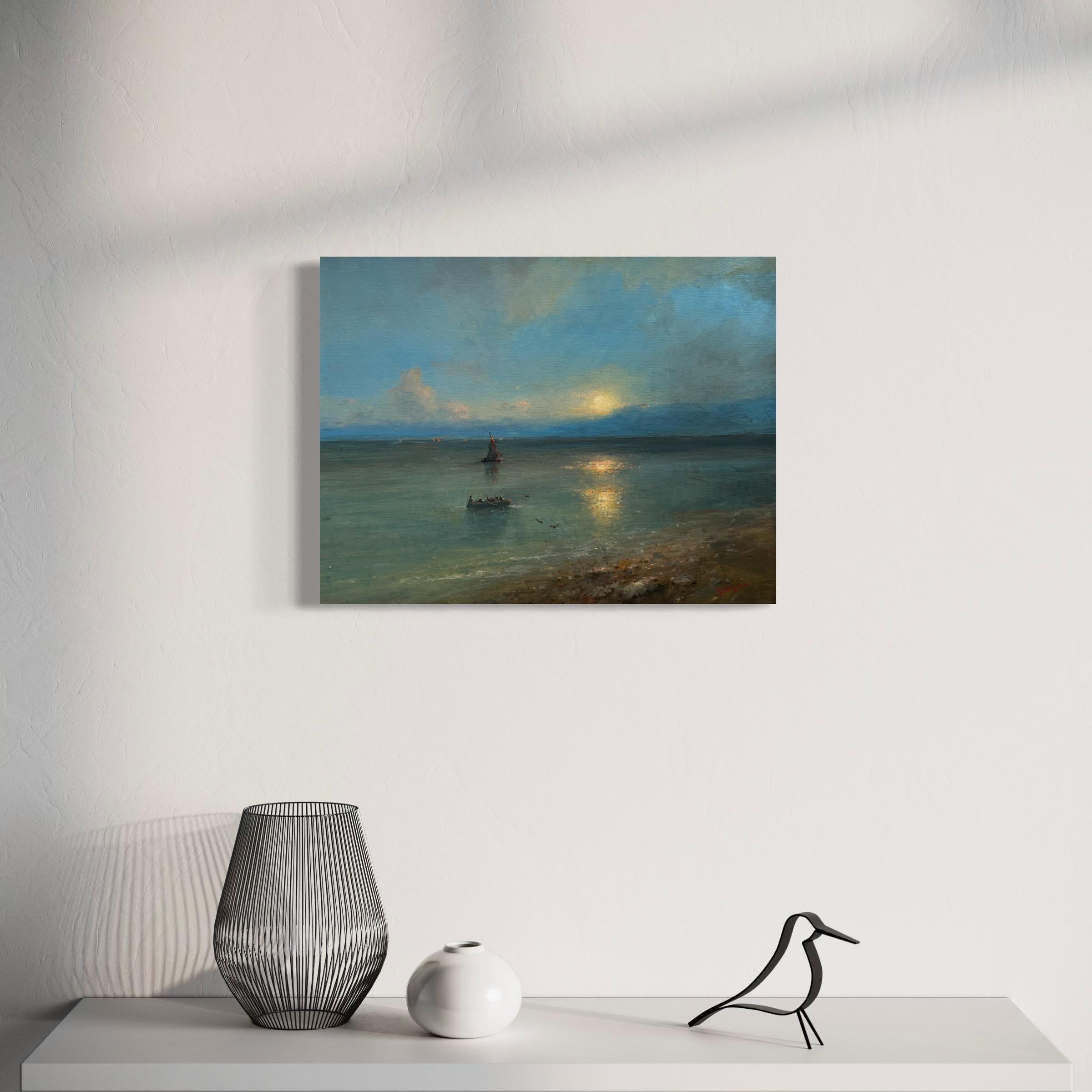Supermoon Seascape Original Oil Painting on Linen,  Ready to Hang For Sale 1