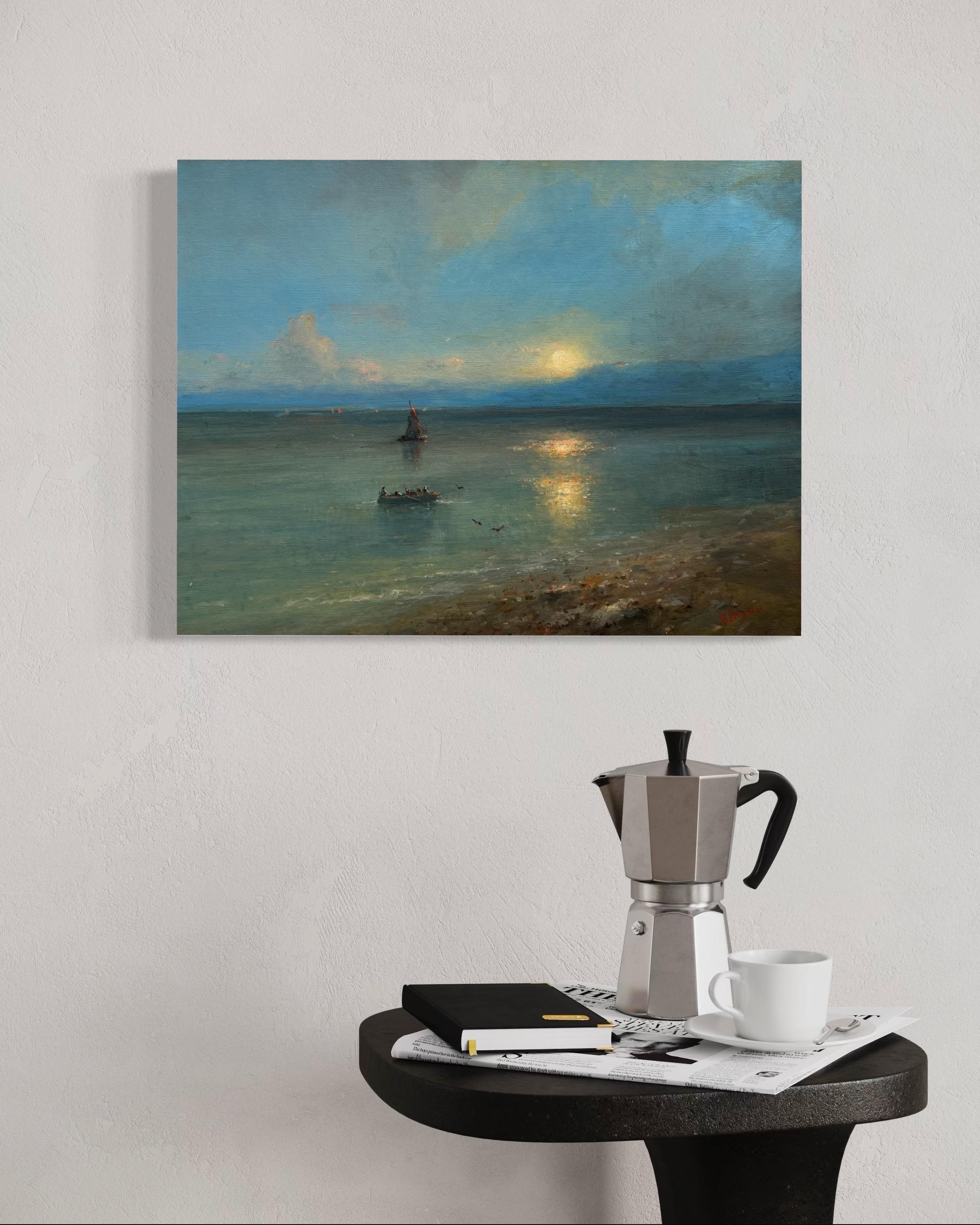 Supermoon Seascape Original Oil Painting on Linen,  Ready to Hang For Sale 2