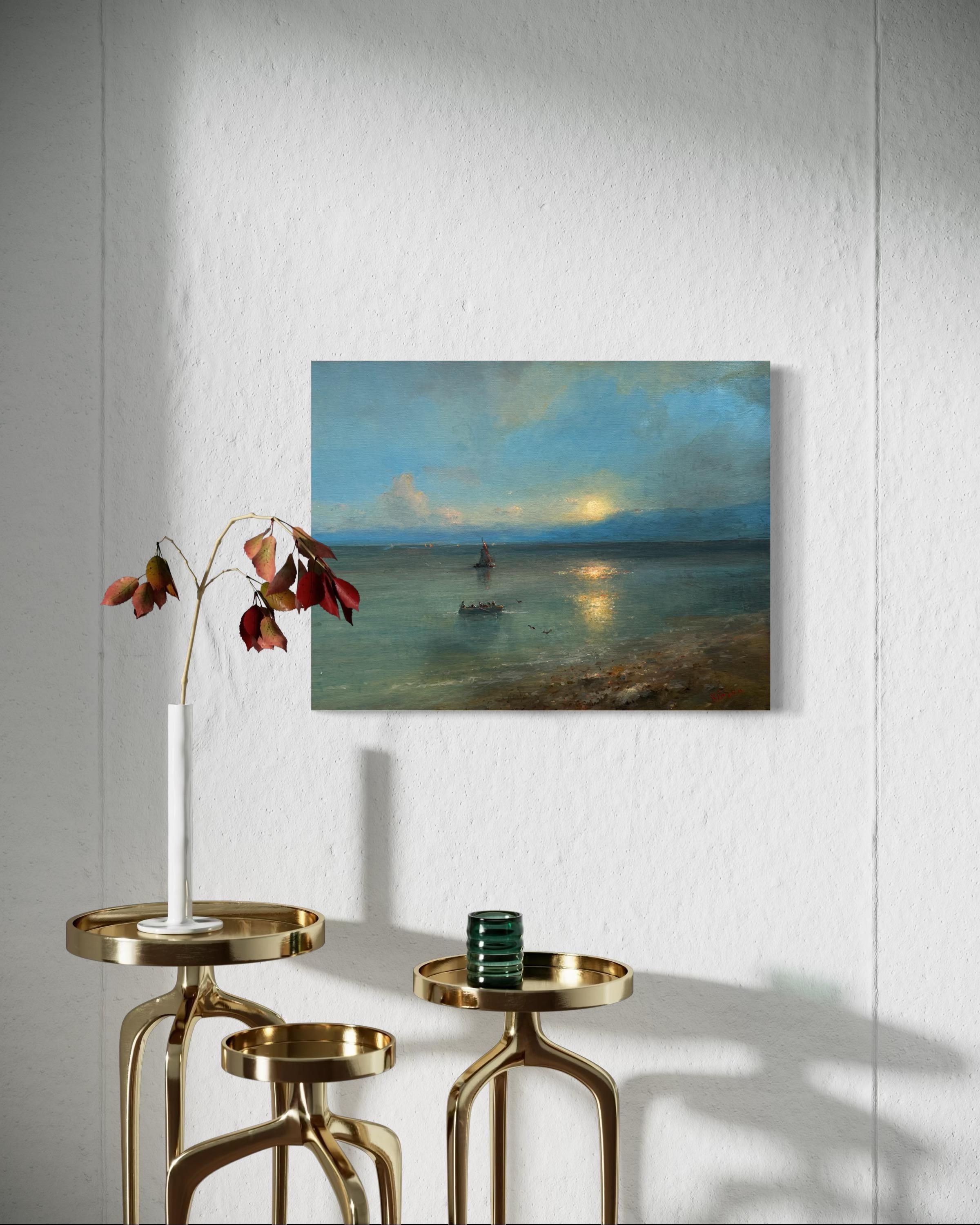 Supermoon Seascape Original Oil Painting on Linen,  Ready to Hang For Sale 3