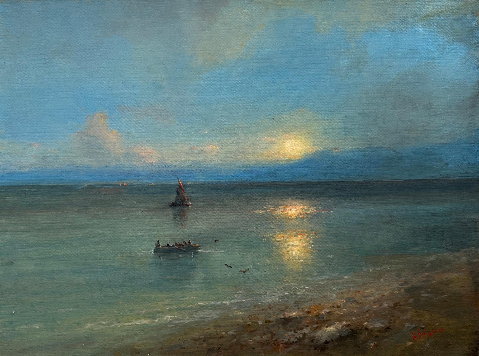 Karen Darbinyan Landscape Painting - Supermoon Seascape Original Oil Painting on Linen,  Ready to Hang
