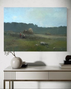 Paesaggio serale viridiano Pittura a olio originale su tela,  Pronto per essere appeso