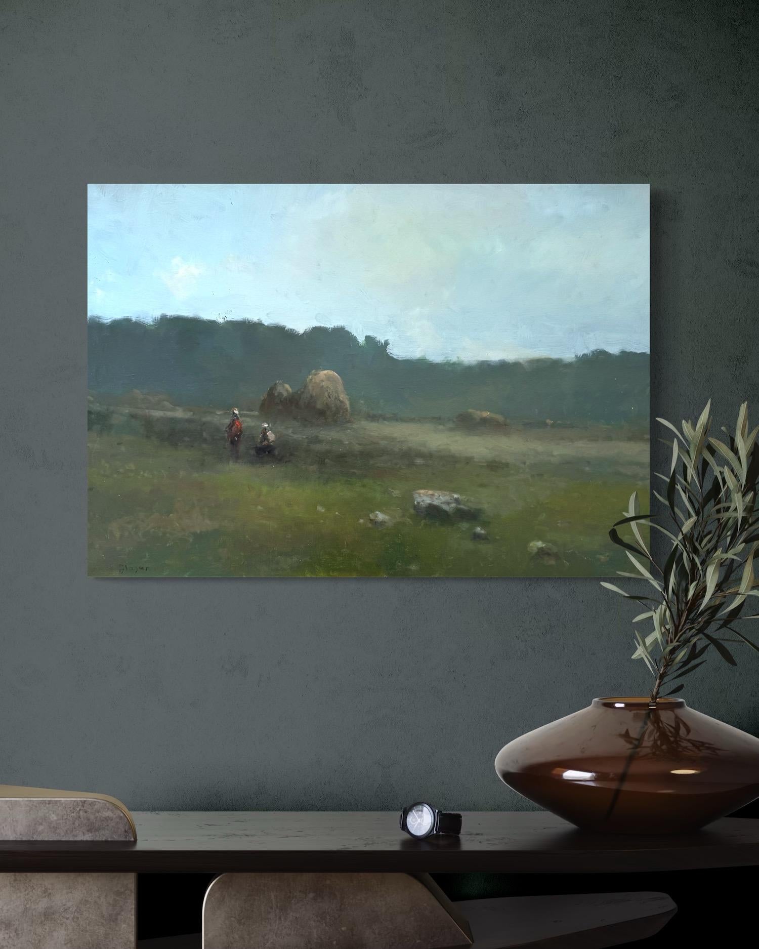 Paysage du soir viridien Peinture à l'huile originale sur lin,  Prêt à être accroché - Noir Landscape Painting par Karen Darbinyan
