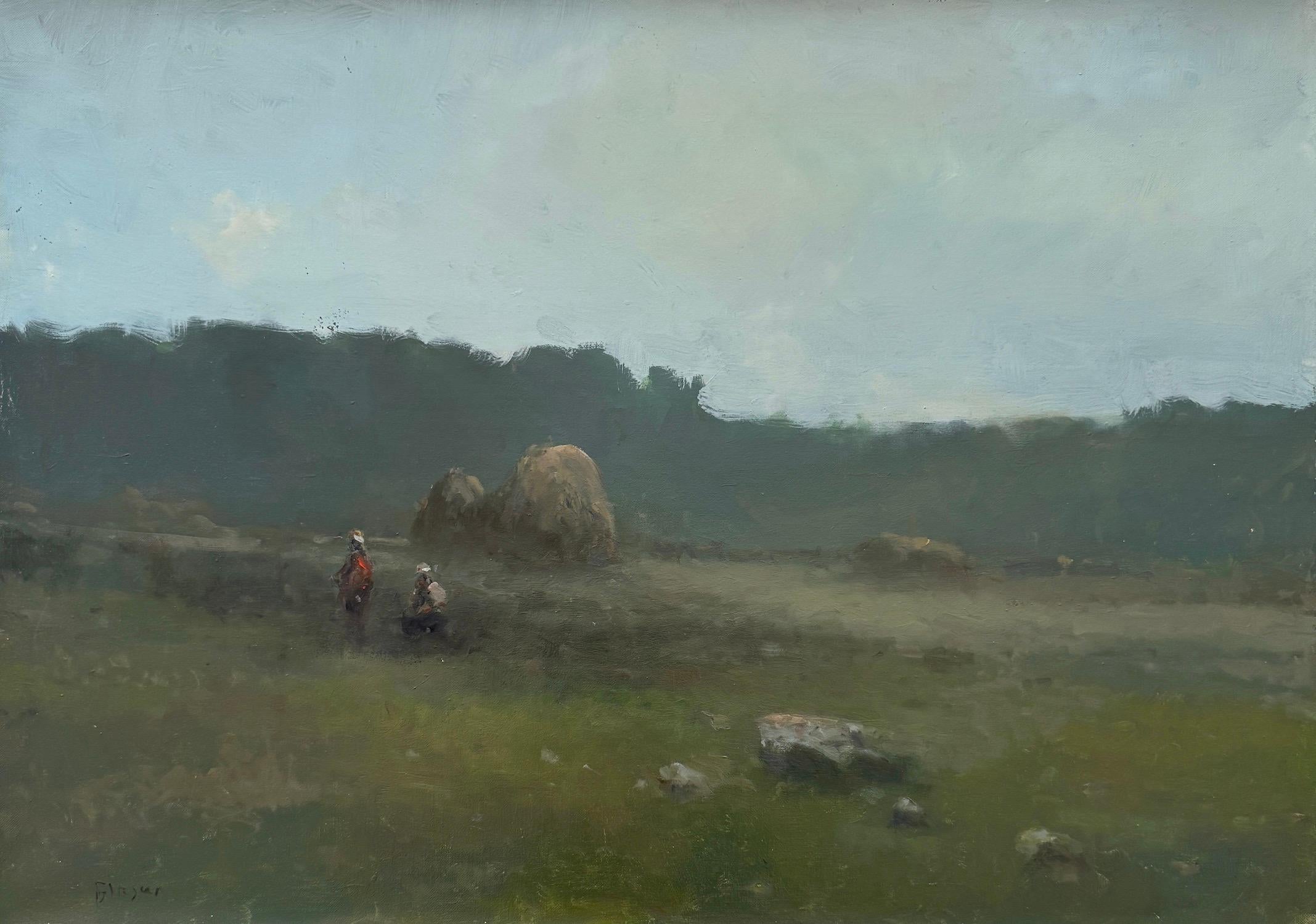 Landscape Painting Karen Darbinyan - Paysage du soir viridien Peinture à l'huile originale sur lin,  Prêt à être accroché