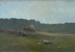 Viridian Evening Landscape Original Oil Painting on Linen,  Ready to Hang