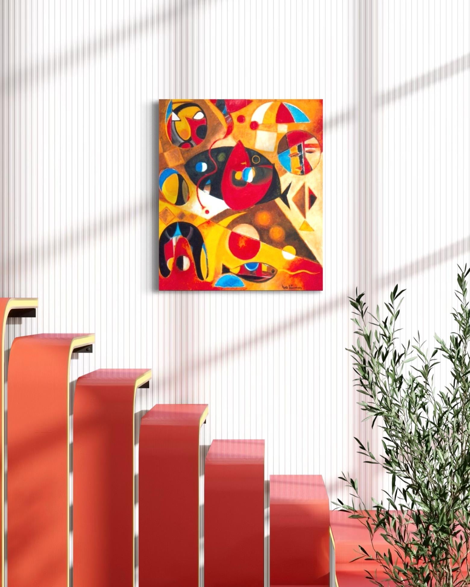 Big Black Fish Zeitgenössische Kunst Avant-Garde Originalgemälde Aufhängefertig (Orange), Abstract Painting, von Karen Dolukhanyan