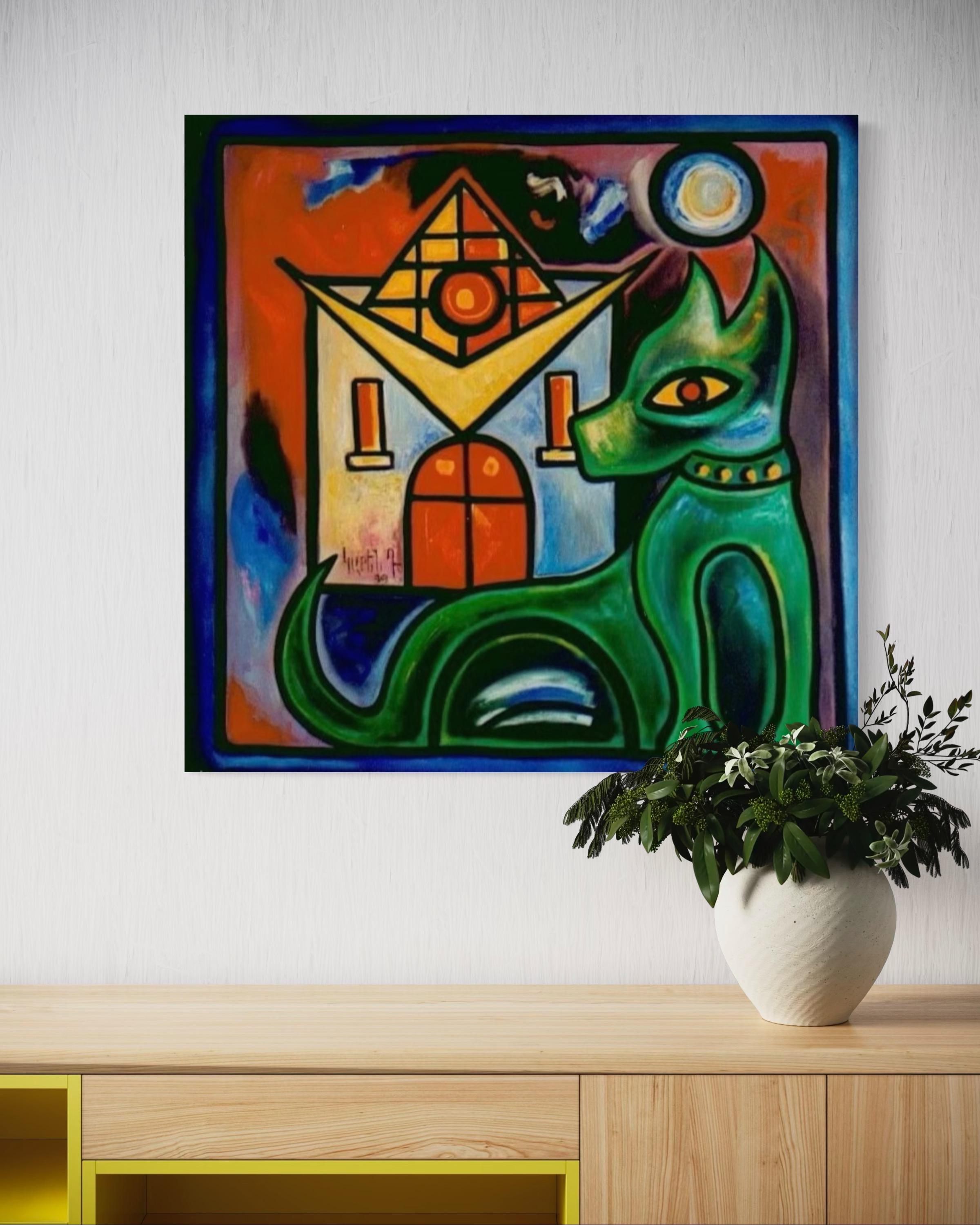 Chien Abstrait Art Contemporain Avant Garde Peinture à l'huile originale - Noir Abstract Painting par Karen Dolukhanyan