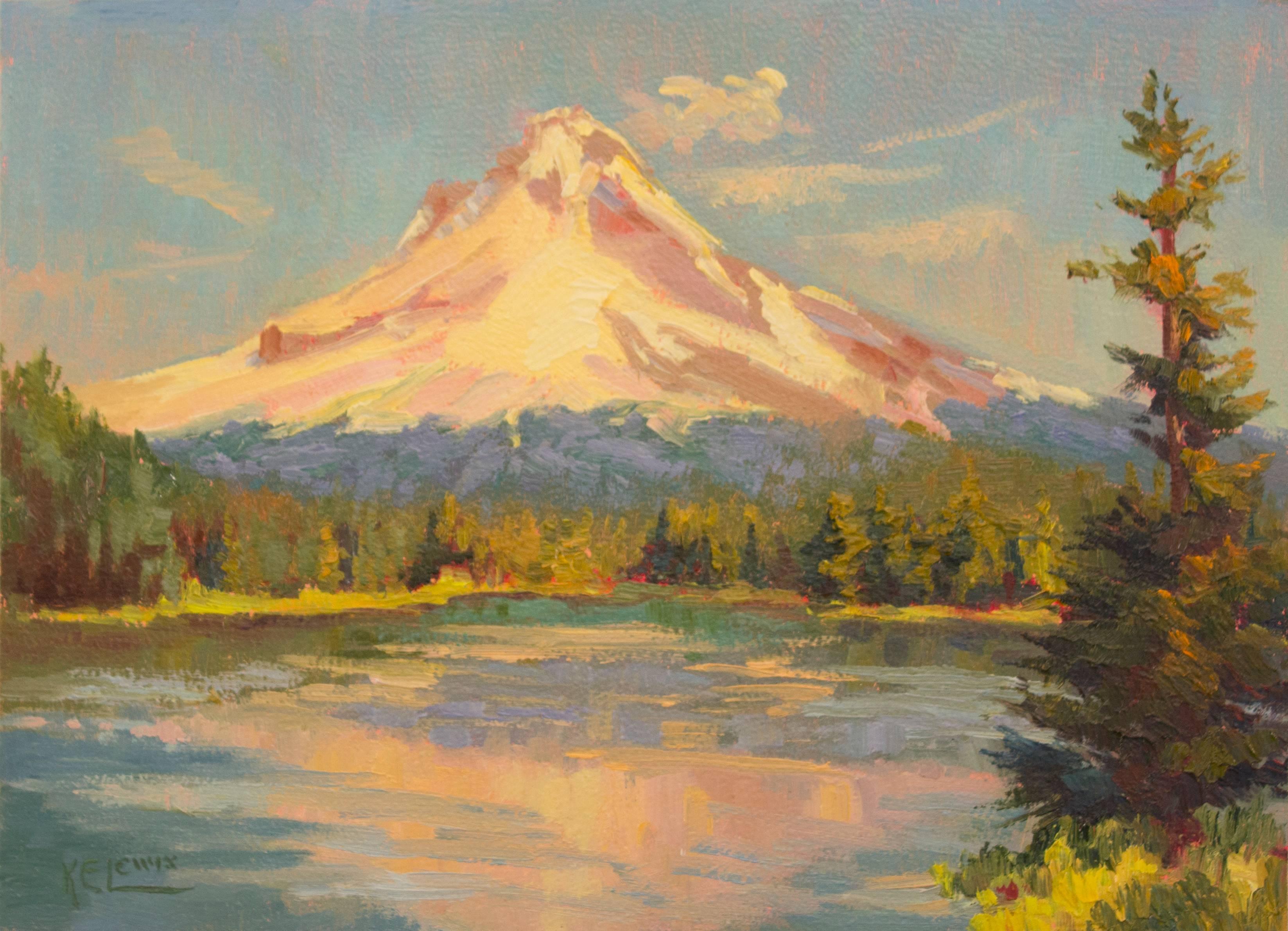 Karen E. Lewis Landscape Painting - Trillium Lake and Snowy Mountain, Oil Painting