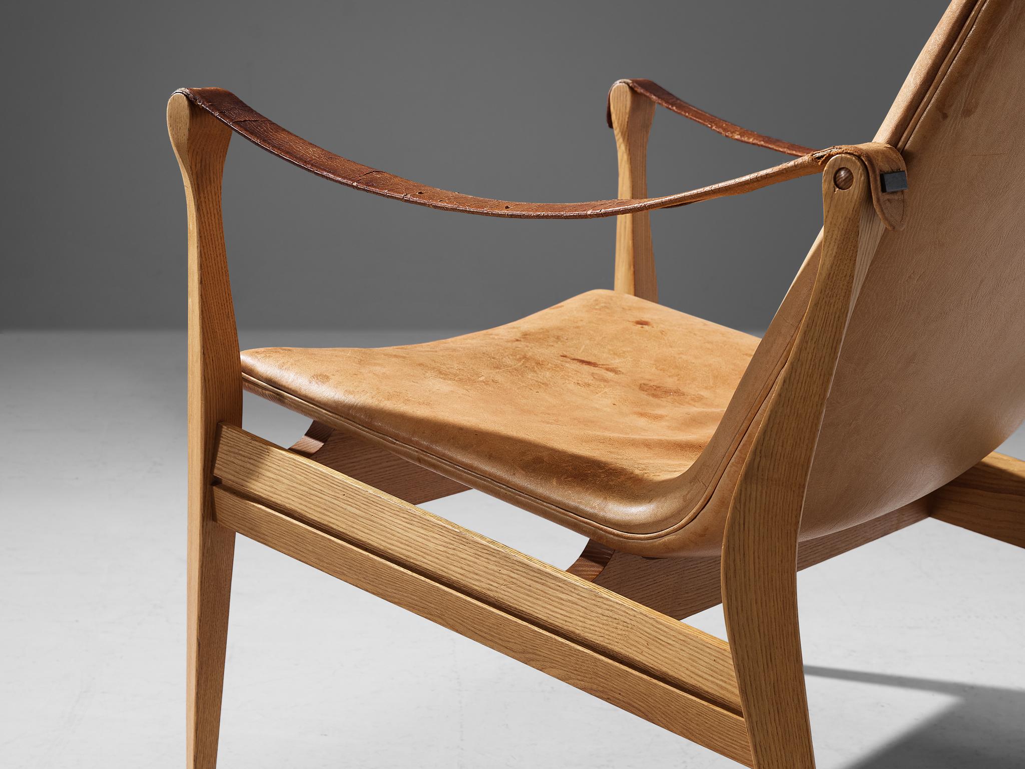 Scandinavian Modern Karen & Ebbe Clemmensen Pair of Safari Chairs in Ash and Patinated Leather