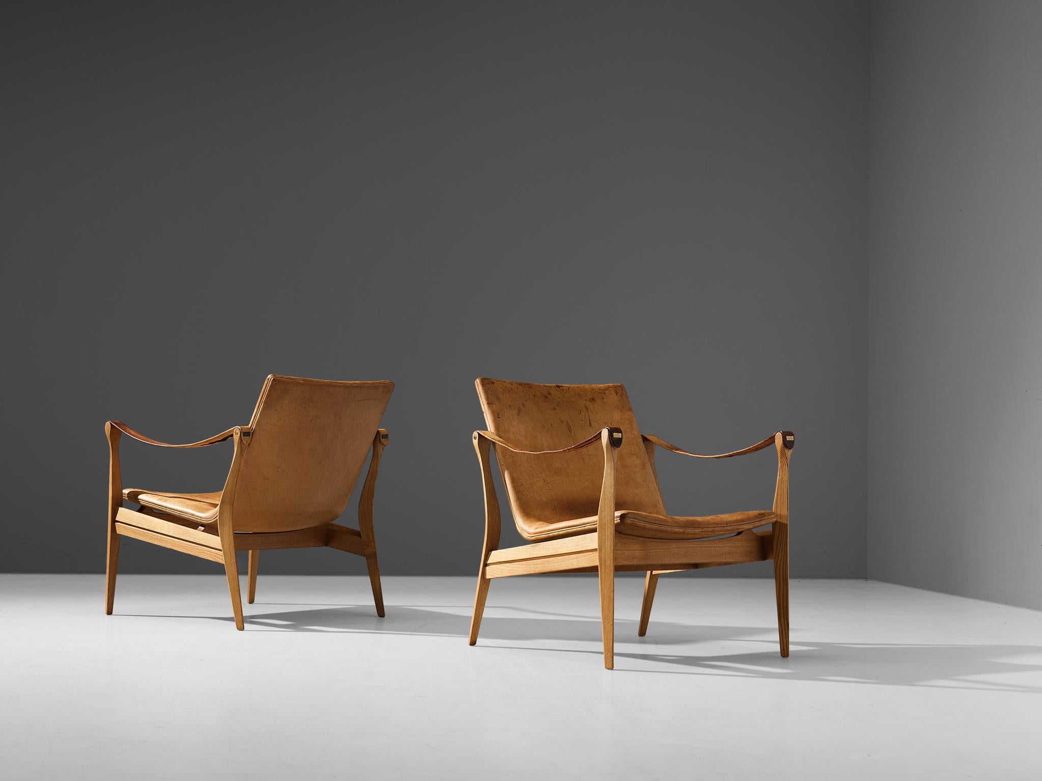 Danish Karen & Ebbe Clemmensen Pair of Safari Chairs in Ash and Patinated Leather